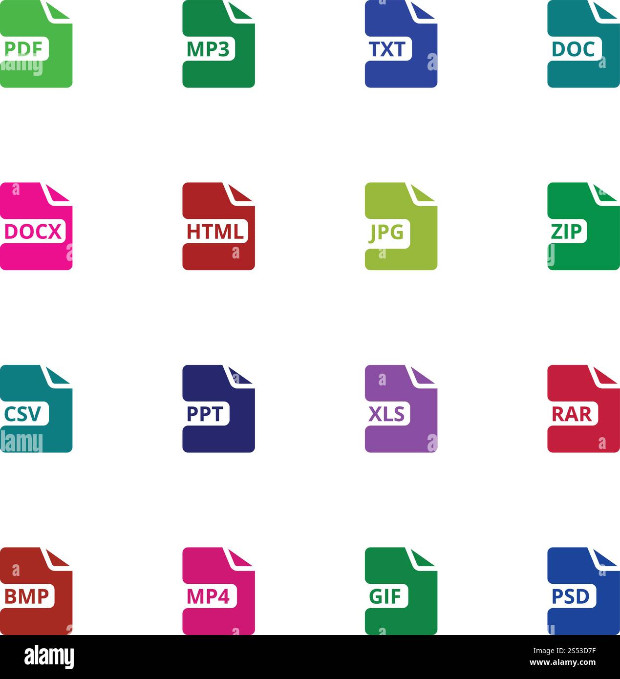 Symbole für Dateityp. Schaltflächen zum Herunterladen von Dokumentvektoren. Abbildung: Web-Typ des Symbols, Schnittstelle für Softwarebeschriftungen. Symbole für Dateityp. Schaltflächen zum Herunterladen von Dokumentvektoren Stock Vektor