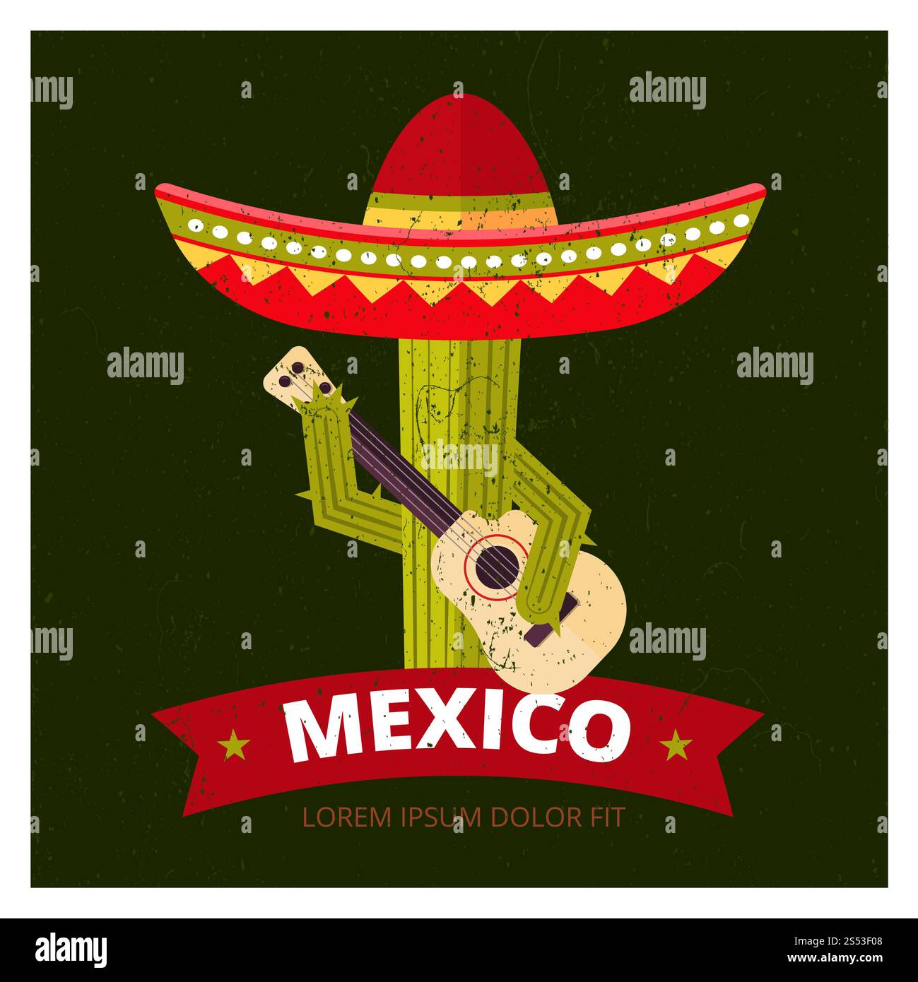 Netter Musiker-Kakteen im Sombrero-Poster-Design - Grunge mexikanische Vektor-Logo-Illustration. Kakteen bei Sombrero Stockfoto