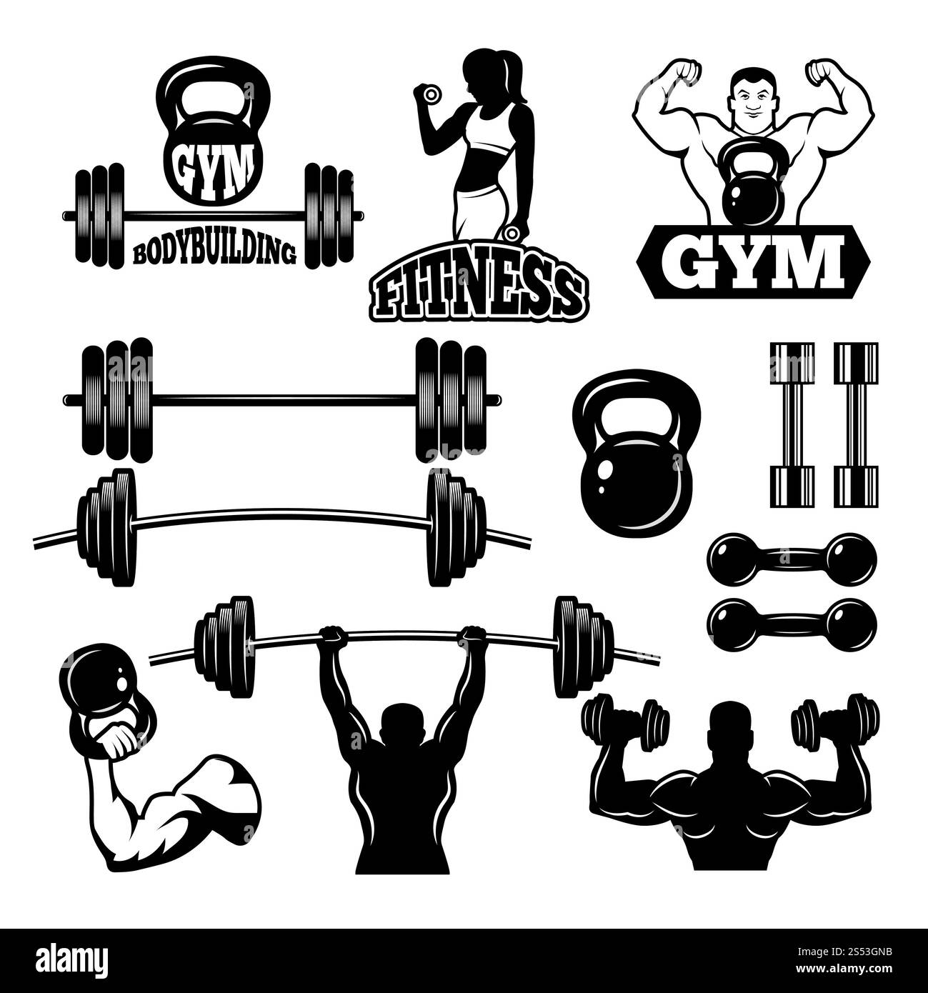 Abzeichen und Etiketten für Fitnessstudio und Fitnessclub. Sportsymbole in Schwarzweiß-Optik. Sport Gym Club Emblem und Logo, Abzeichen und Etikett mit Langhantel für Bodybu Stockfoto