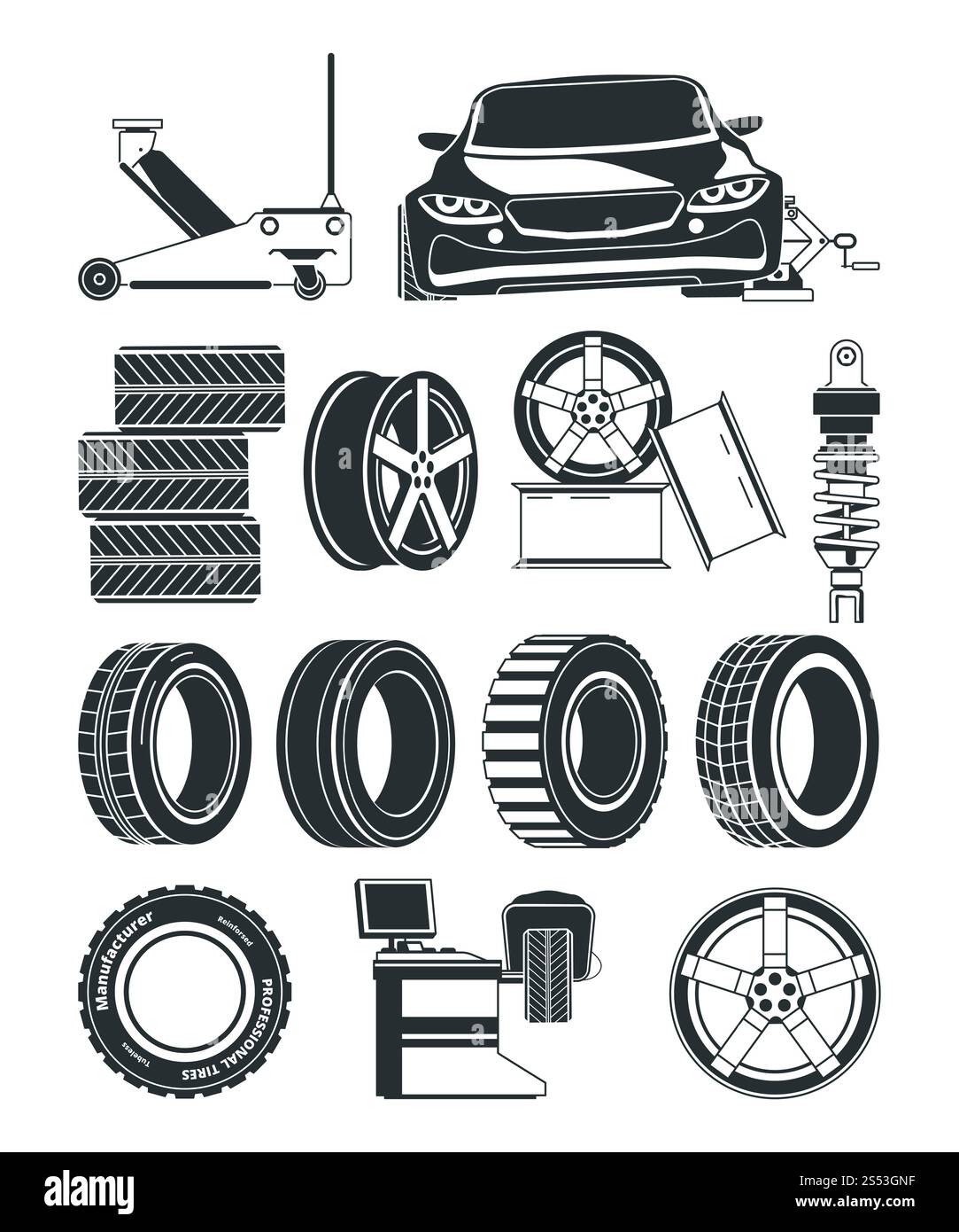 Monochrom-Abbildungen von Wartungssymbolen, Rädern und Fahrzeugen von Reifen. Auto Service Reparatur Reifen, Station Vulkanisationsvektor. Schwarzweißabbildungen Stockfoto
