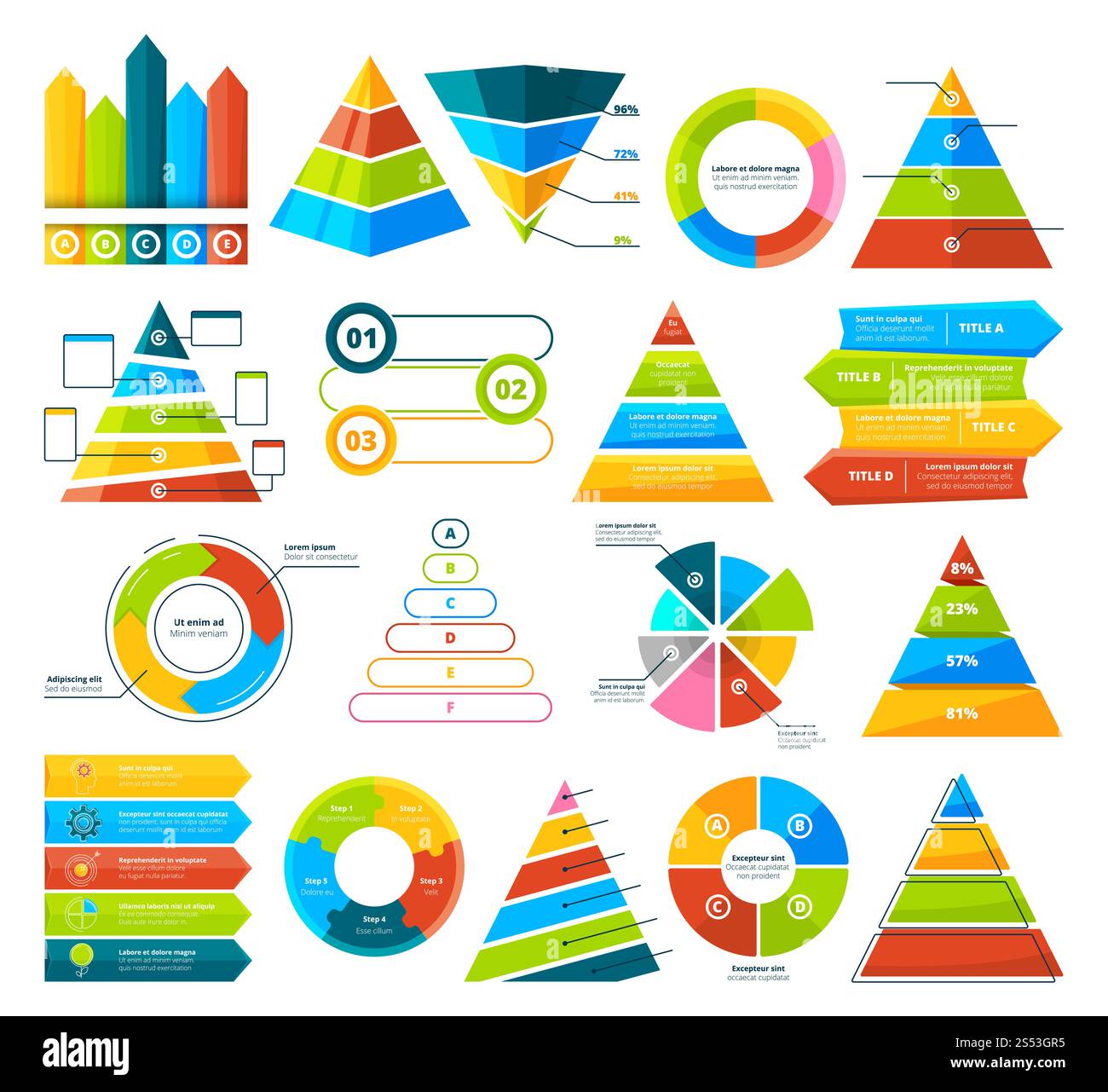 Große Vektorsammlung von Infografik-Elementen. Kreisdiagramme, Diagramme, Diagramme und Dreiecke. Pyramidendreieck und Diagrammdiagramm, Infografik kreisförmig Stockfoto