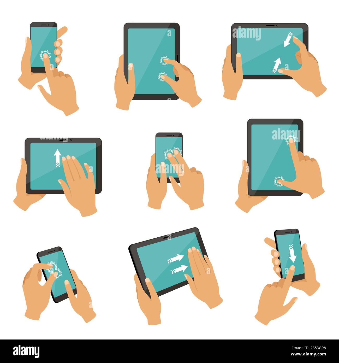 Abbildungen von Gesten zur Steuerung verschiedener Geräte, Tablets und Smartphones. Touchscreen-Tablet-Bildschirm mit Fingergesten, Multitouch-Sammelvektor Stockfoto