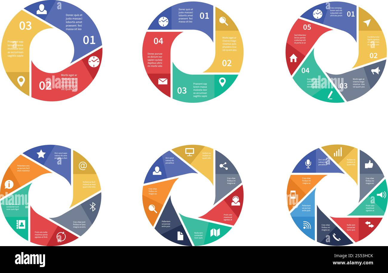 Infografiken mit Kreislauftechnologie und Optionen auf Pfeilen. Informationen Teamwork-Diagramme. Business Vector Prozesse Infografik mit Schritten. Runddiagramm, Kreisdiagramm, Darstellung der Struktur. Infografiken mit Kreislauftechnologie und Optionen auf Pfeilen. Informationen Teamwork-Diagramme. Business Vector Prozesse Infografik mit Schritten Stock Vektor