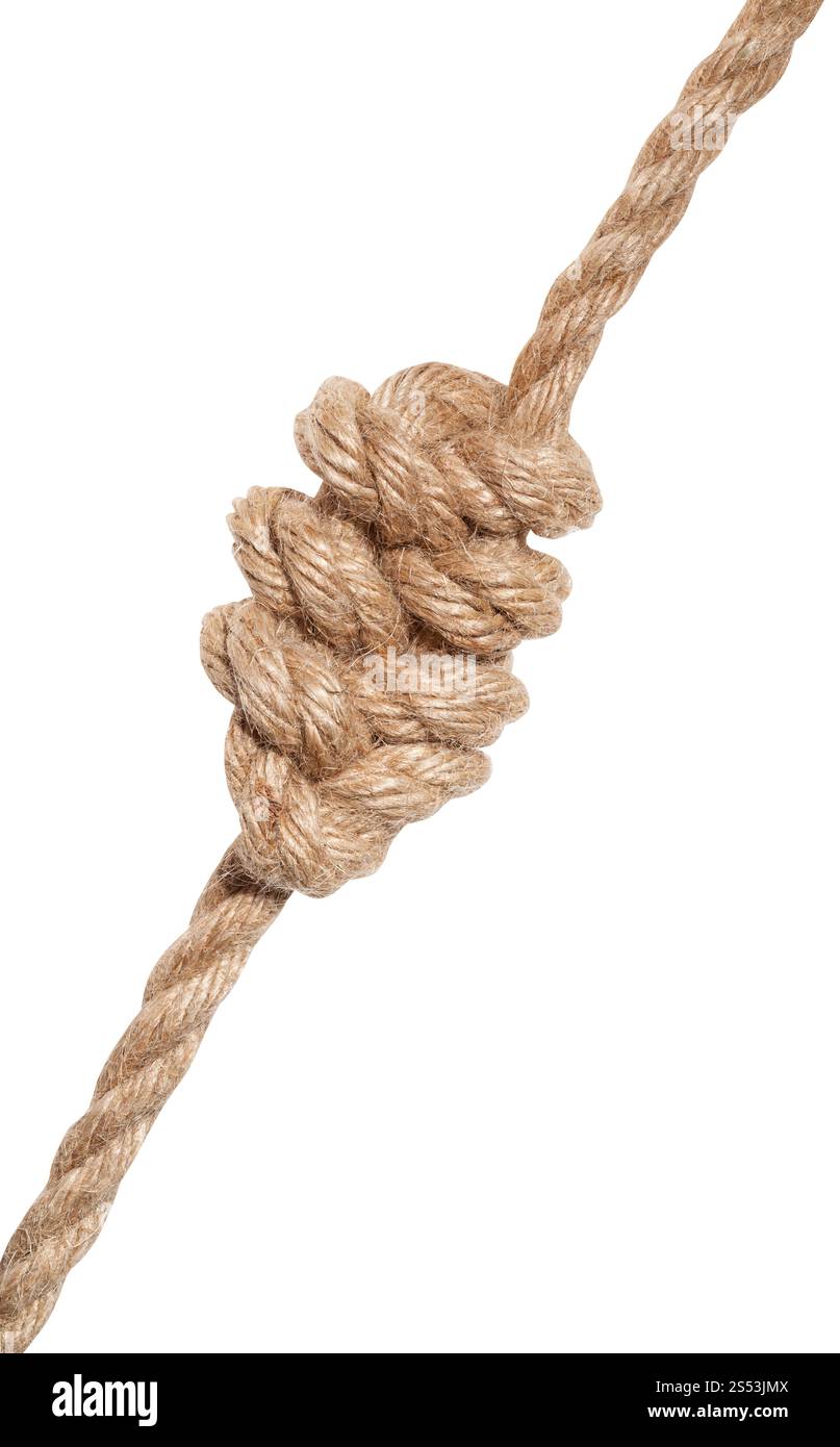 Mehrere acht Knoten auf dicken Jute Seil auf weißem Hintergrund gebunden Stockfoto