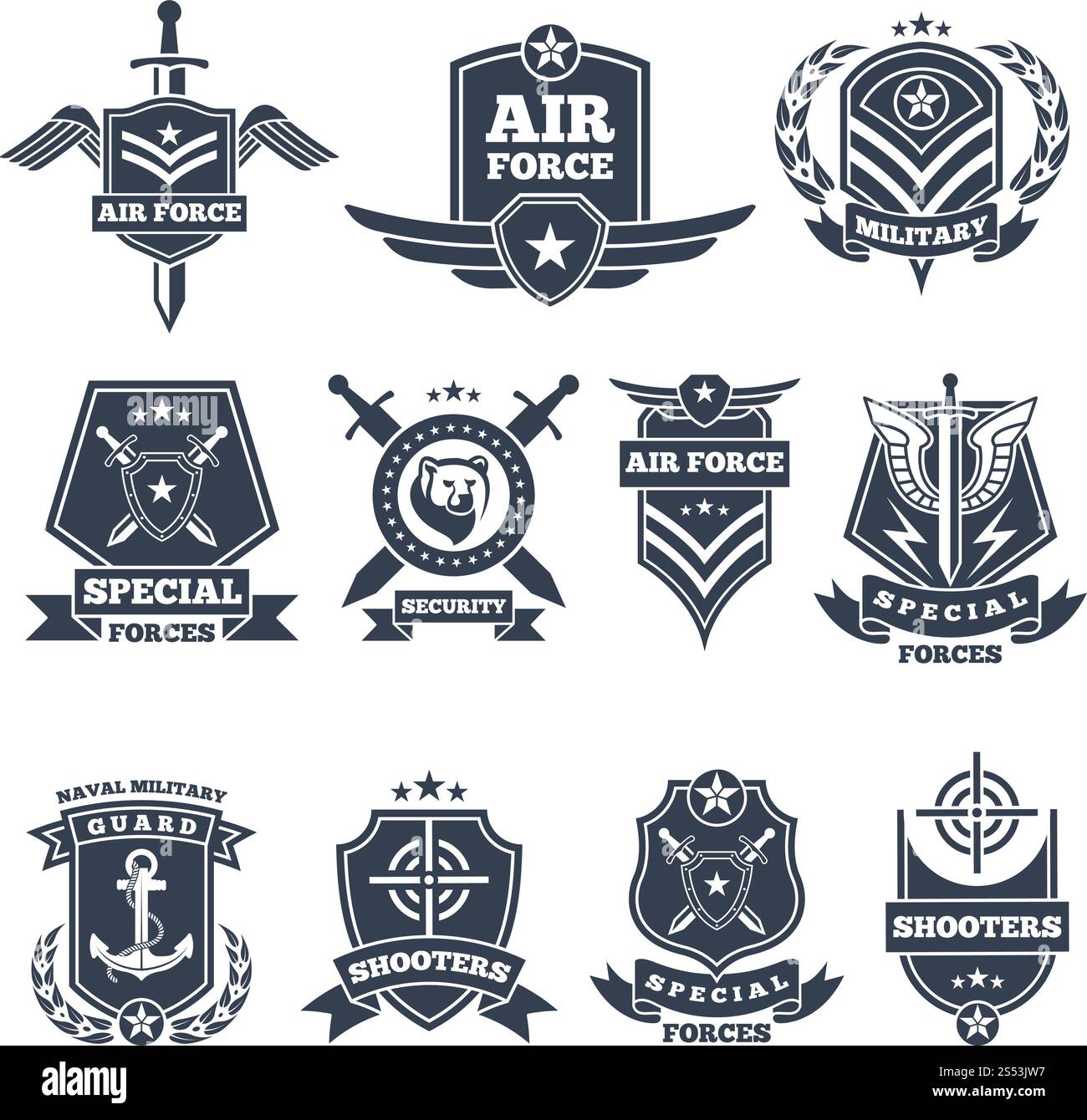 Militärische Logos und Abzeichen. Armeesymbole isoliert auf weißem Hintergrund. Militärabzeichen, Illustration der Luftfahrt der Spezialeinheit. Militärische Logos und Abzeichen. Armeesymbole isoliert auf weißem Hintergrund Stock Vektor
