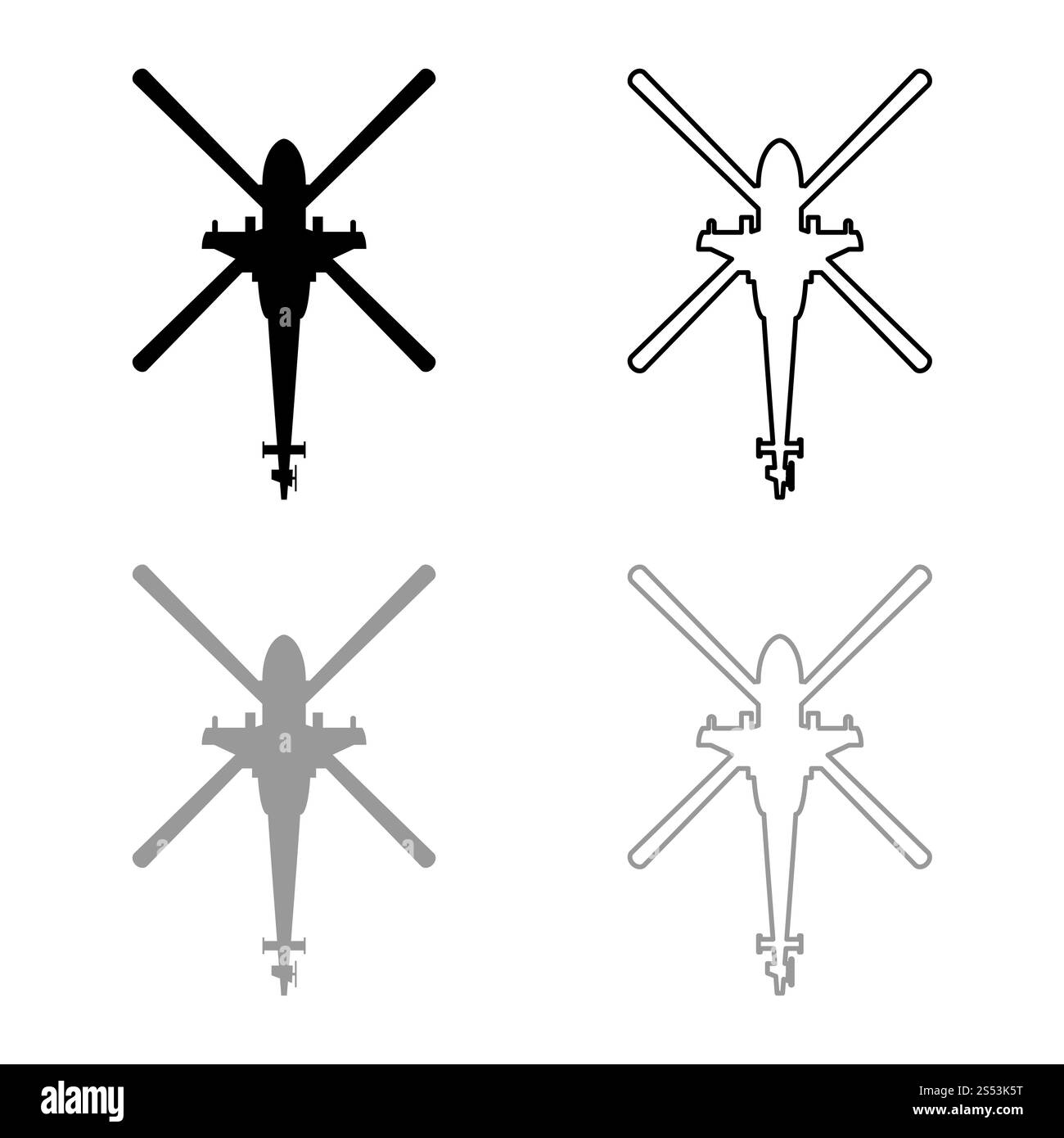 Hubschrauber Top view Kampfhubschrauber Symbol Umrisse Set schwarz Farbe grau Vektor-illustration Flat Style simple Image Stockfoto