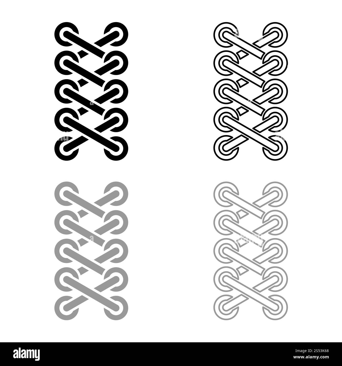 Schnürsenkel von Sneaker Schuhe Schnürsenkel binden Befestigung Seil Stitch Konzept Regelungen des Bindens Schnürsenkel Schnürsenkel Symbol outline Schwarz Grau Farbe Vektor einrichten Stockfoto
