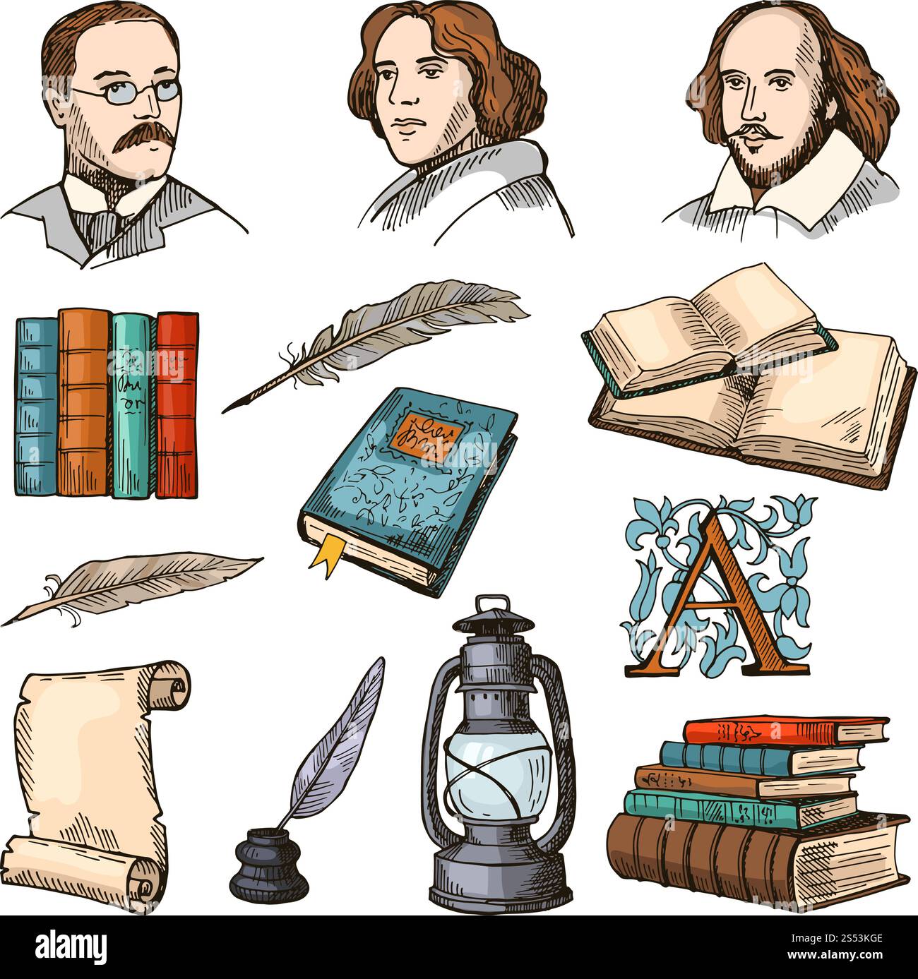 Farbige Symbole für Literatur und Theater. Doodle Pictures Set. Vektorliteratur Buch, Papier und Stift, berühmte Schriftsteller Illustration. Farbige Symbole für Literatur und Theater. Doodle Pictures Set Stock Vektor
