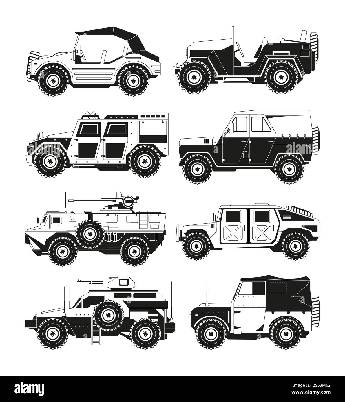Schwarzweißbilder von Militärfahrzeugen. Abbildungen der Armee. Vektorfahrzeug Militär, Transport zur Verteidigung. Schwarzweißbilder des Militärs Stockfoto