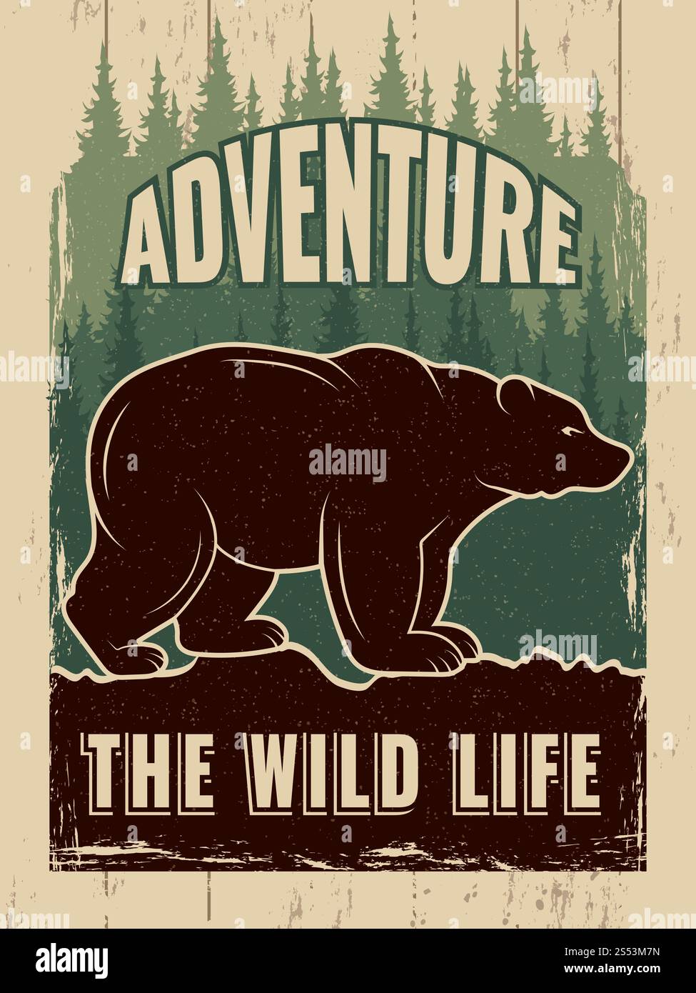 Retro-Poster mit Bild des wilden Bären. Vektorbär wilder und grüner Wald Poster, Abenteuer Tierwelt Illustration. Retro-Poster mit Bild von Wild Stockfoto