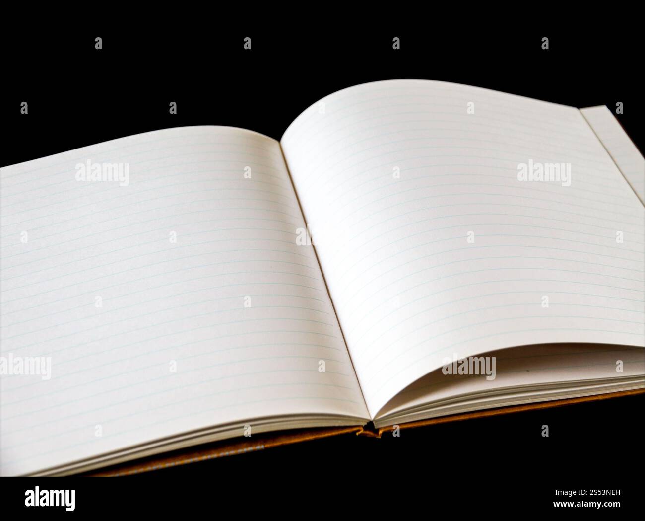 Leeres Notizbuchmodell auf schwarzem Hintergrund öffnen. Leeres Notizbuch auf schwarzem Hintergrund öffnen Stockfoto