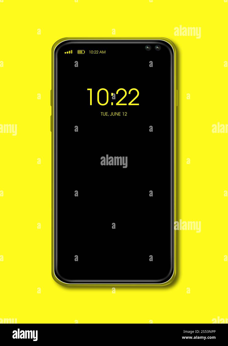 Digitales schwarzes Smartphone-Modell für alle Bildschirme isoliert auf Gelb. 3D-Rendering. Schwarzes Smartphone-Modell für alle Bildschirme isoliert auf Gelb. 3D-Rendering Stockfoto