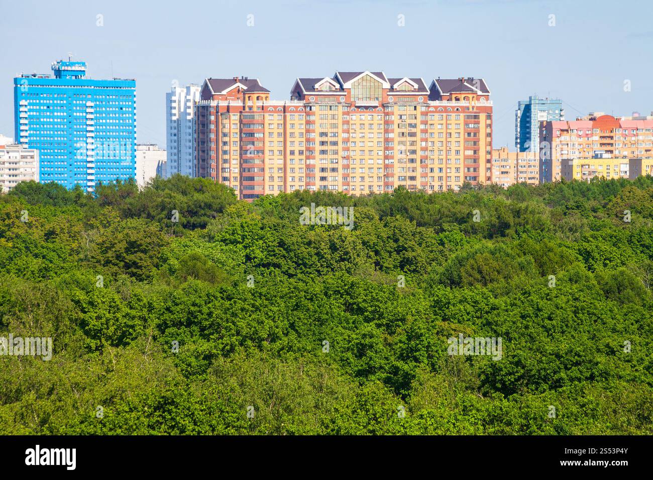 Über Blick auf den grünen Stadtpark und die Apartmenthäuser, die an sonnigen Sommertagen von der Sonne beleuchtet werden Stockfoto