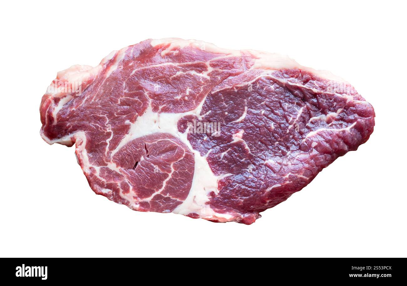 Scheibe rohen Marmor Rindfleisch auf weißem Hintergrund Stockfoto