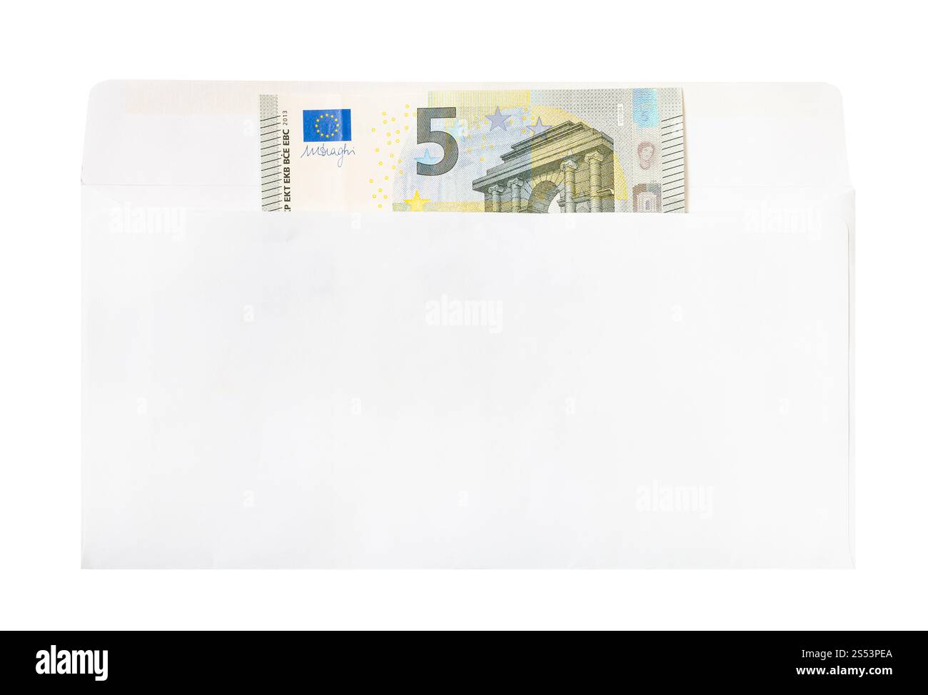 Einzelne 5-Euro-Schein in offenen Mail Umschlag auf weißem Hintergrund Stockfoto