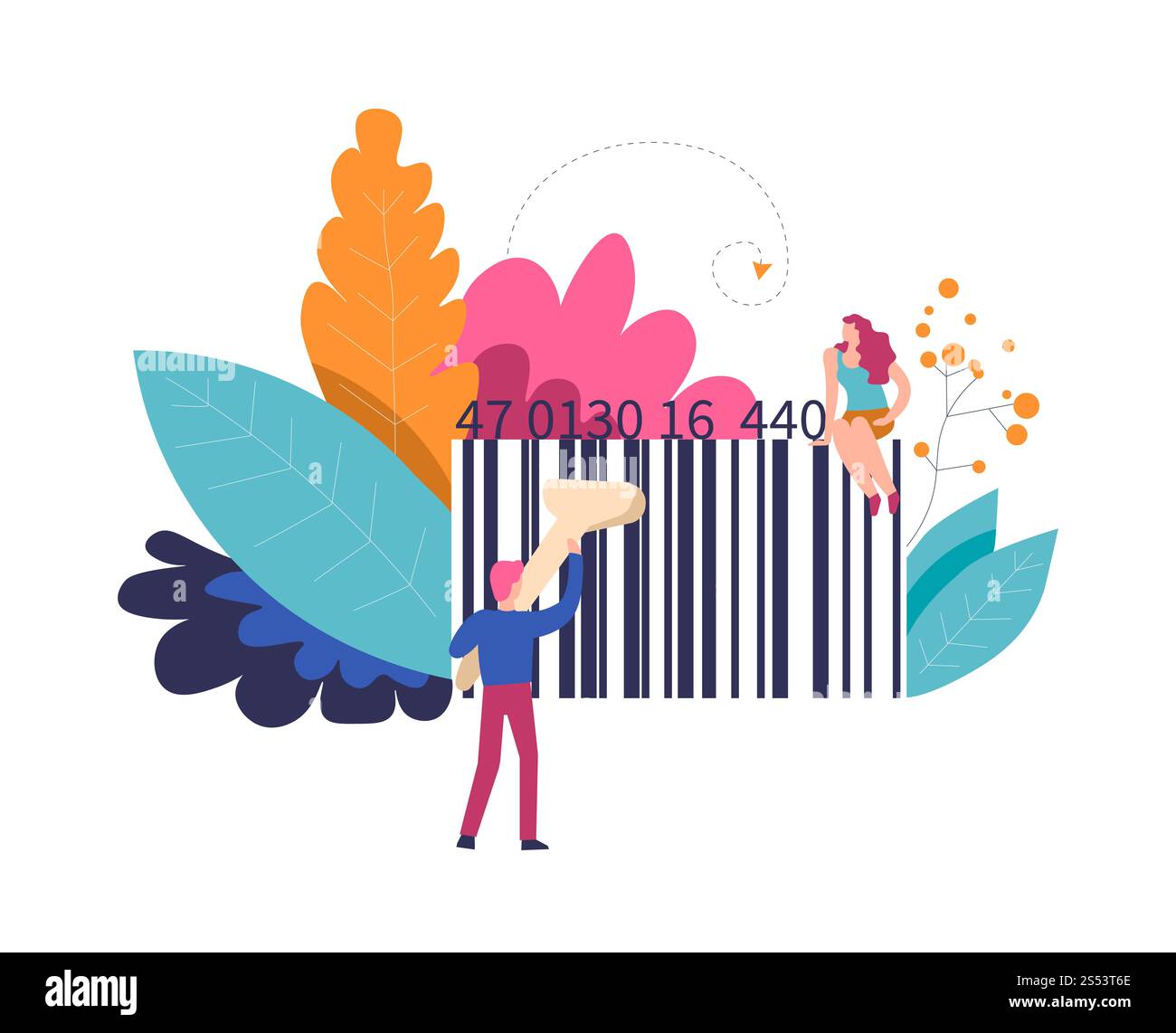 Barcode des Produkts und der Person mit Scannervektor. Einkaufsartikel mit Code, Decodierung durch Lesen von qr-Linien auf Objekt mit Lasergerät. Einzelhandel und Stockfoto