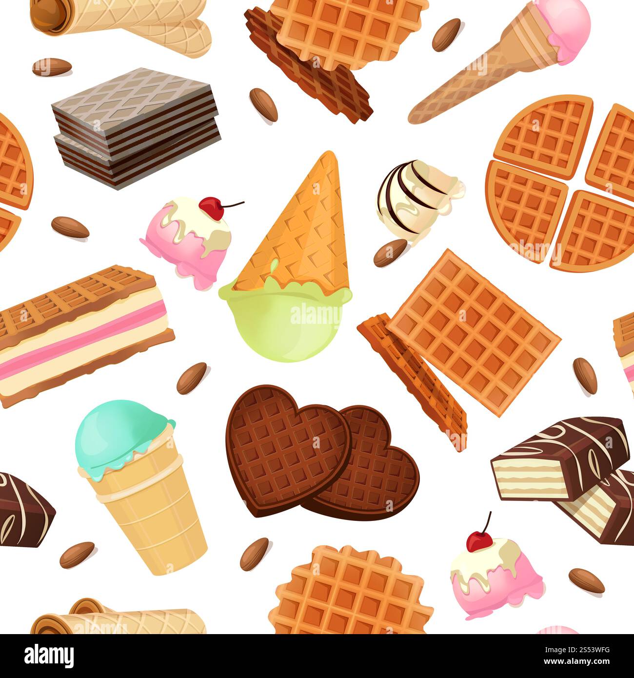 Nahtloses Muster aus Vaffeldesserts und Süßigkeiten. Vektormuster Schokoladendessert und köstliche leckere Waffelillustration. Nahtloses Muster aus Vaffeldesserts und Süßigkeiten Stock Vektor