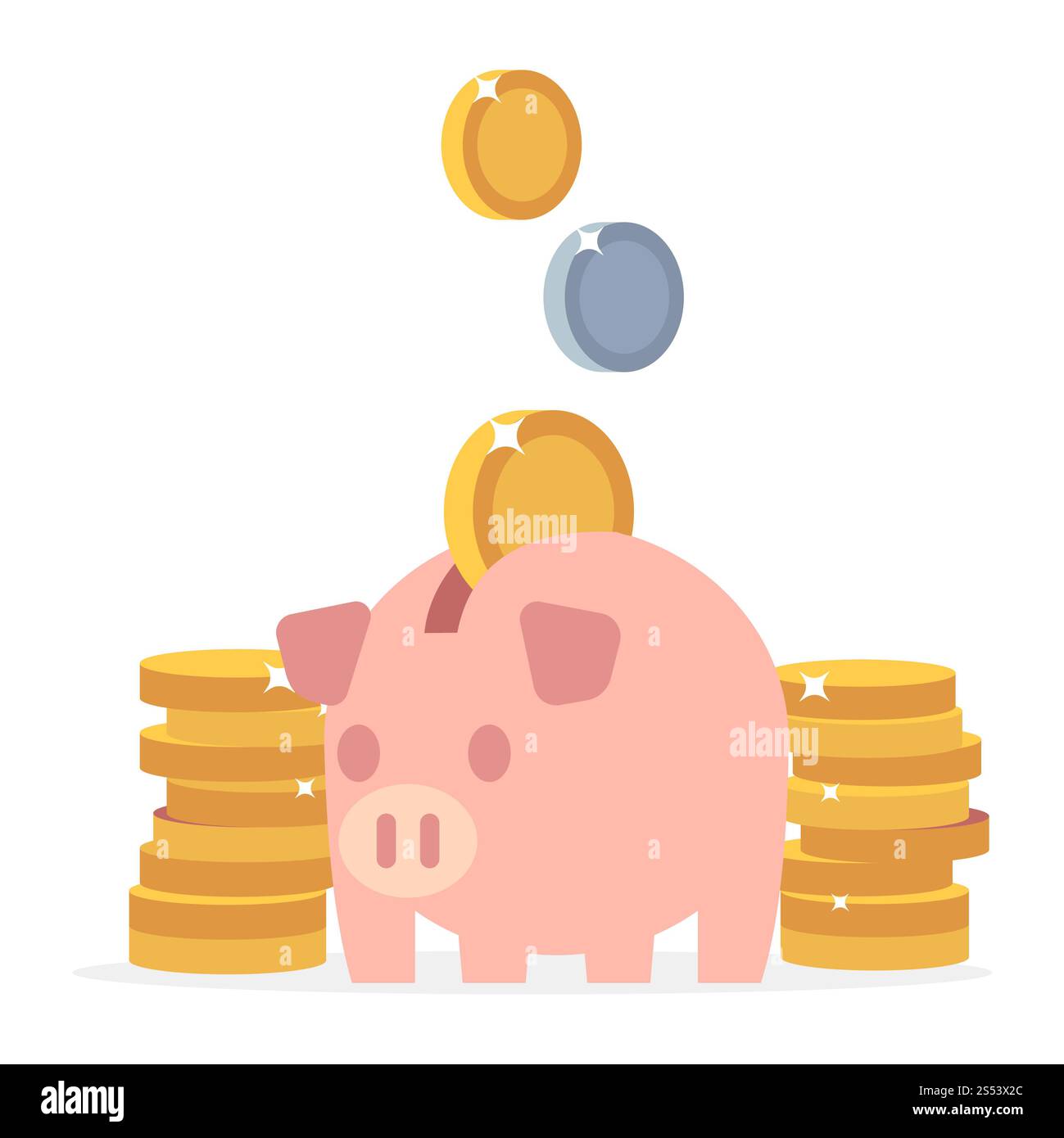 Schweinebank und Münzen. Flaches, kostensparendes Vektorkonzept. Illustration von Geldkasten und Schweinebank mit Geldmünzen. Schweinebank und Münzen. Flache Einsparung Stockfoto