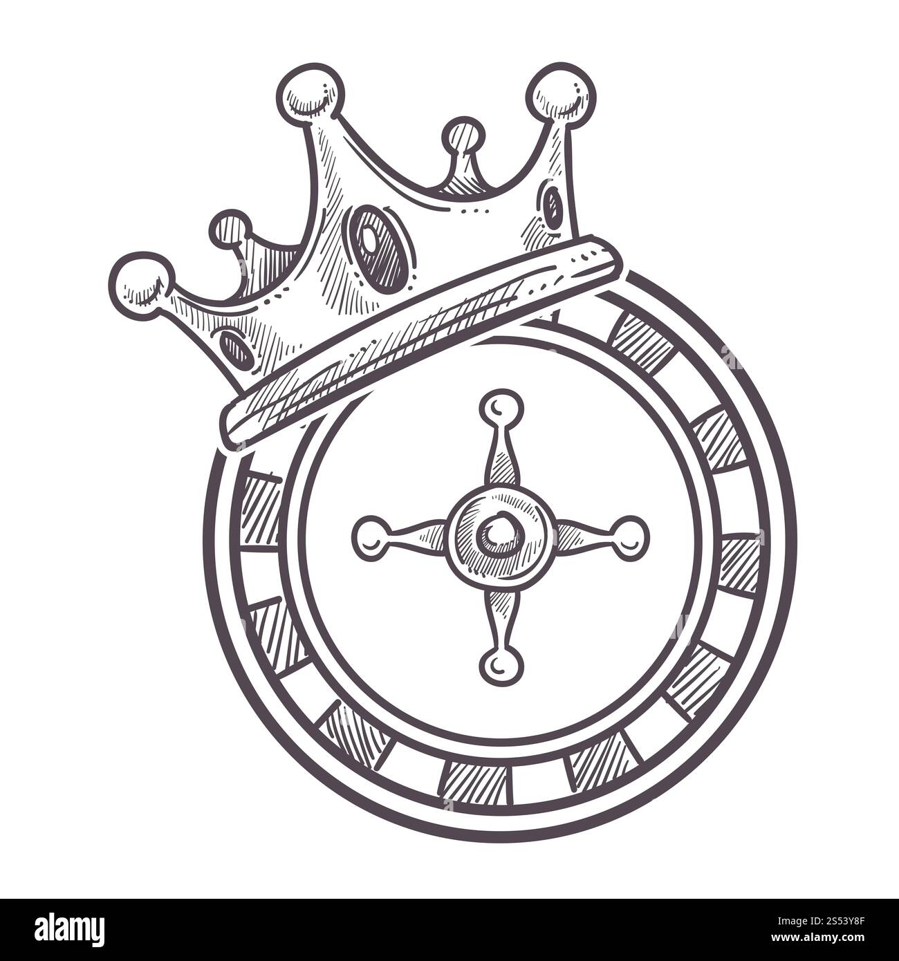 Casino-Glücksspiel-Aktivität, monochromes Sketch-Outline-Poster mit Münzen-Vektor. Karten mit Diamanten, Herzen und Kreuzen, Pik und Dollar Stockfoto