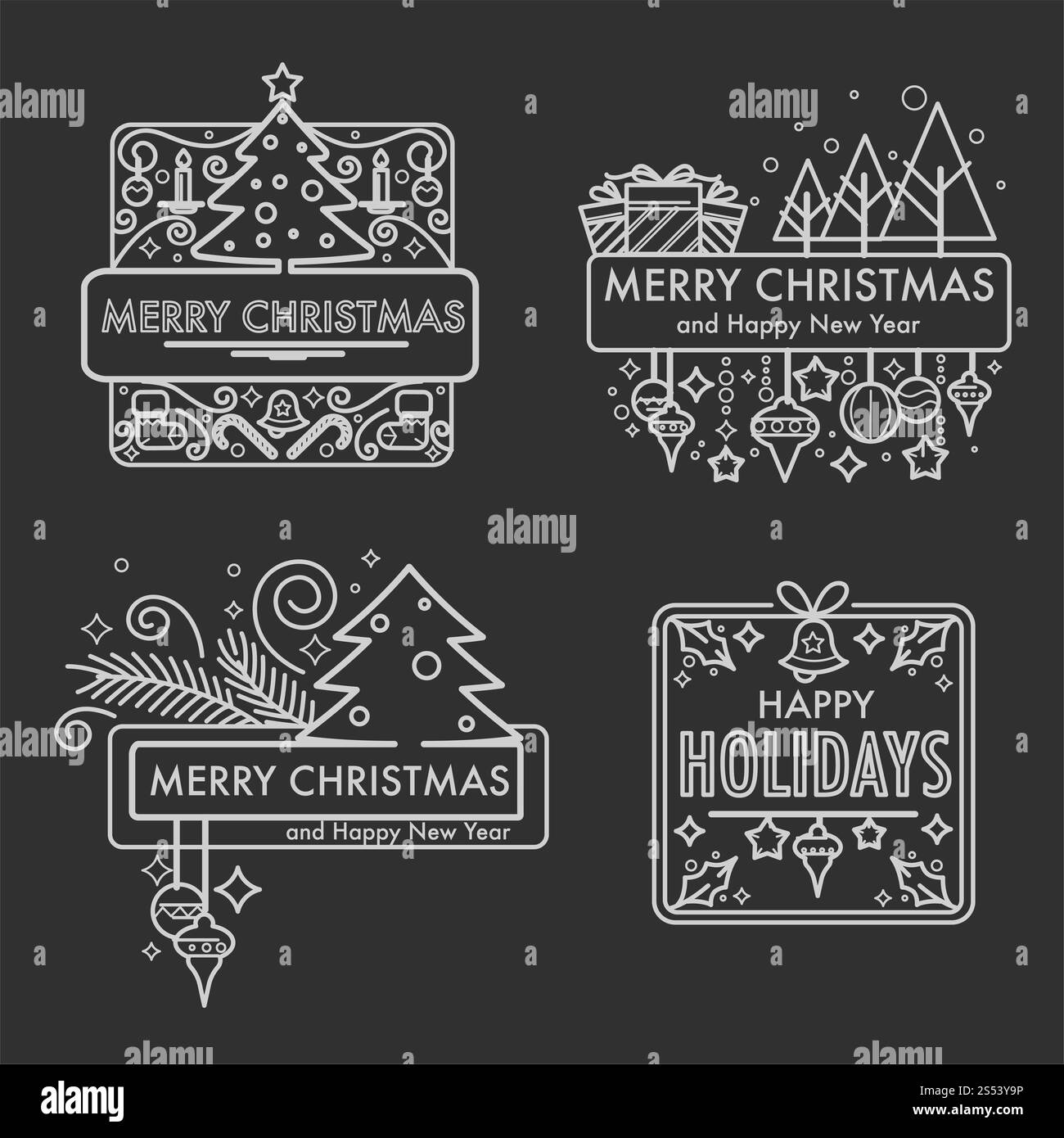 Frohe Weihnachten monochrome Skizzen mit Geschenken und Symbolen Vektor. Schilder für Winterferien, Glocken und Spielzeug, hausgemachte Kekse, Weihnachtsgebäck und Geschenke. Stockfoto