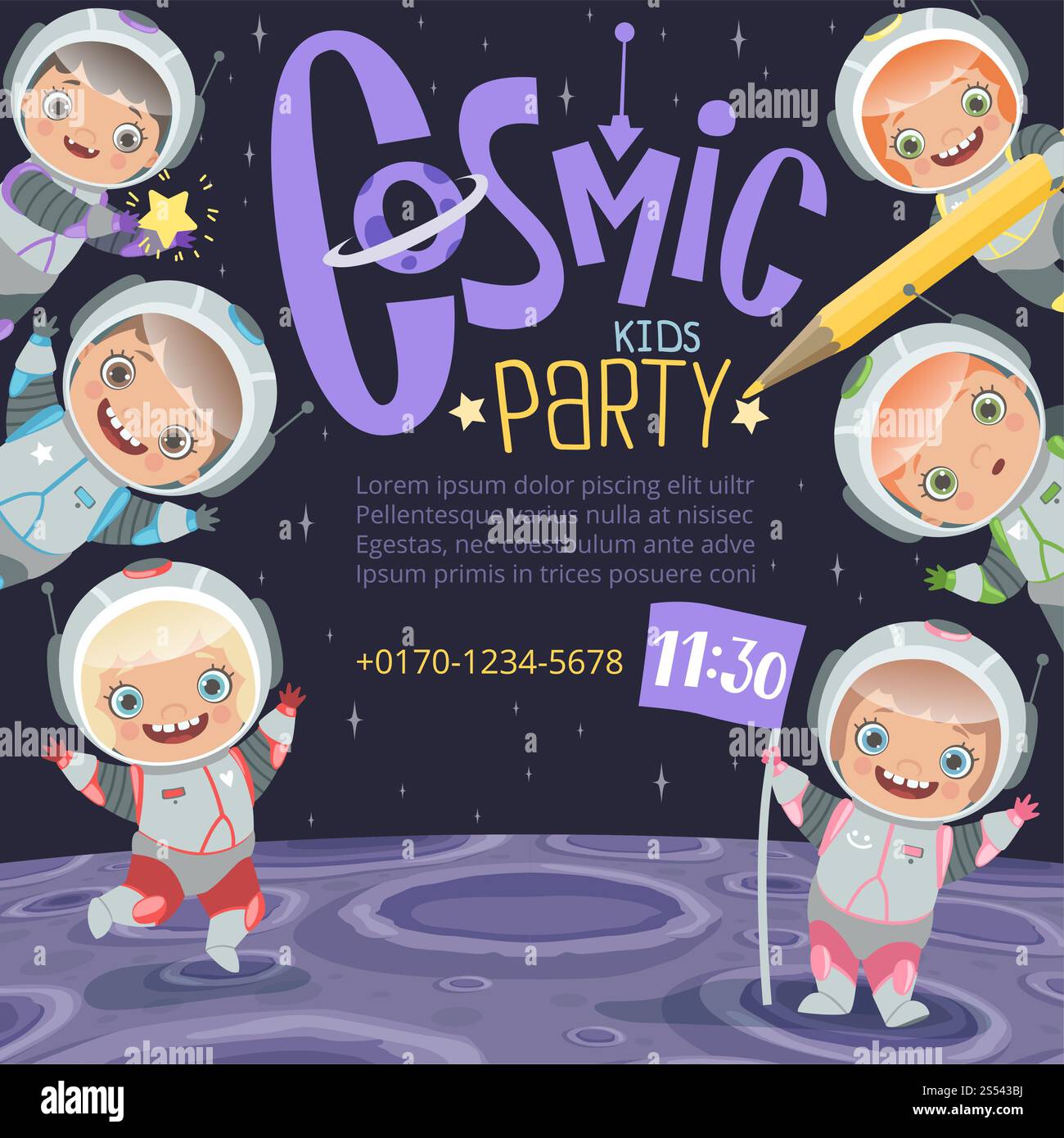 Party-Einladung für Kinder. Astronauten Kinder Cartoon Raum Hintergrund mit Platz für Text Vektor. Illustration einer Space Cartoon Party, kosmisches Poster und Stockfoto