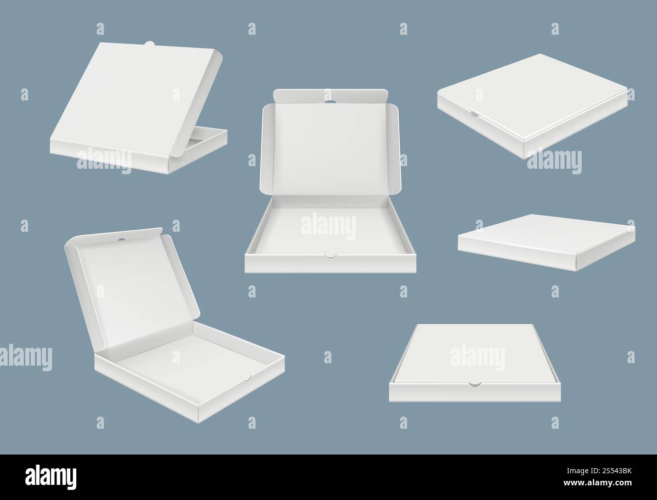 Pizzapaket - Mockup. Fastfood Lieferung Karton offen und geschlossen Box mit verschiedenen Ansichten Vektor realistische Vorlage. Abbildung: Pizzaschachtel, Stockfoto