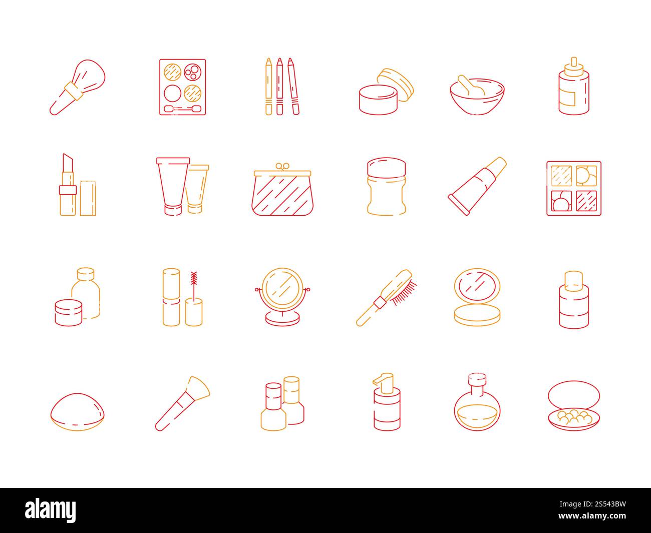 Schönheitssymbole. Make-up Artikel für Frauen Lippenstift nagellack Creme Lidschatten Kosmetik Vektor farbige Symbole. Illustration des Kosmetikpinsels und Stockfoto