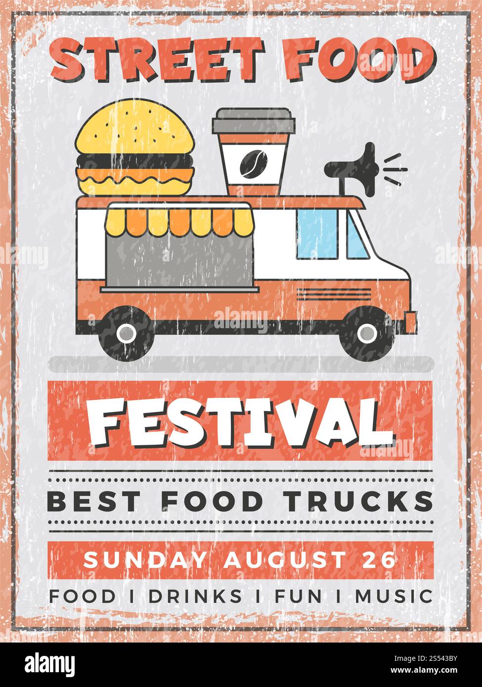 Food Street Festival. Küche im Auto mobil Van im Freien schnelle Catering Lieferung Vektor Vintage Poster Design. Restaurant Fast Food Catering, Truck Stockfoto