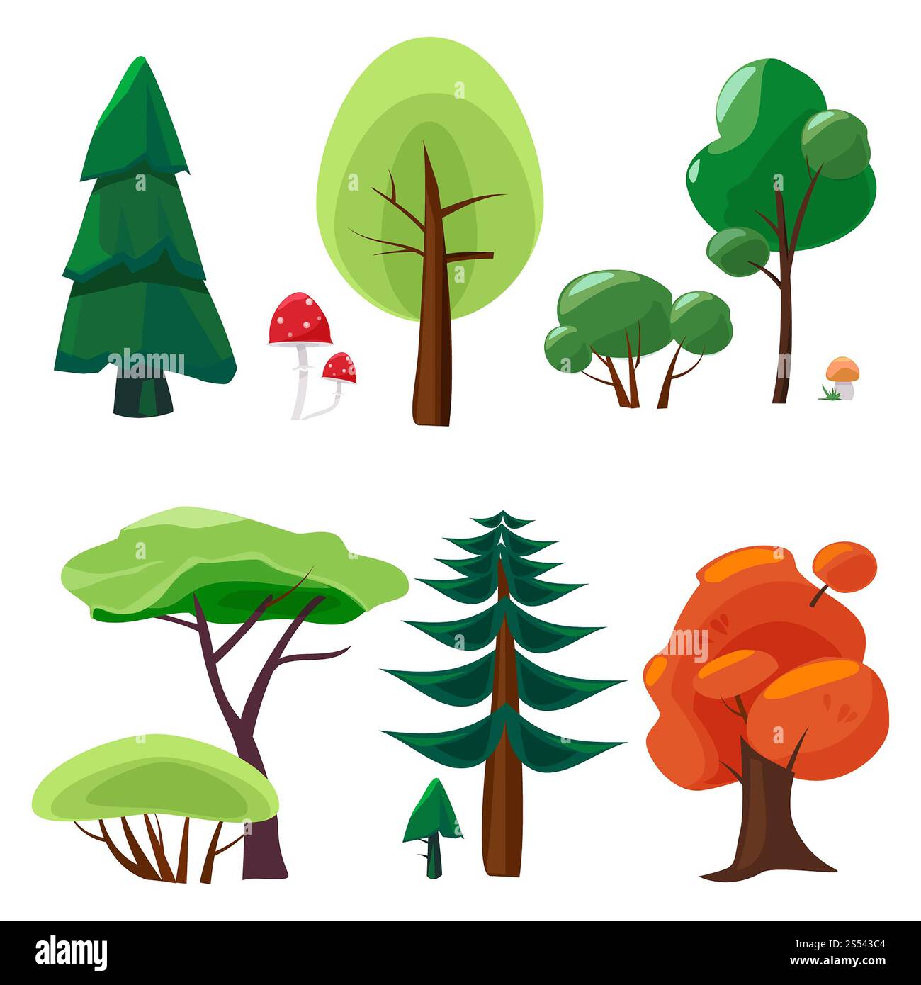 Nature Elements Kollektion. Spiel ui Set von Pflanzen Steinen Bäumen Moos Natur Vektor Zeichentricksymbole isoliert. Grüner Baumwald und Pilze Stockfoto