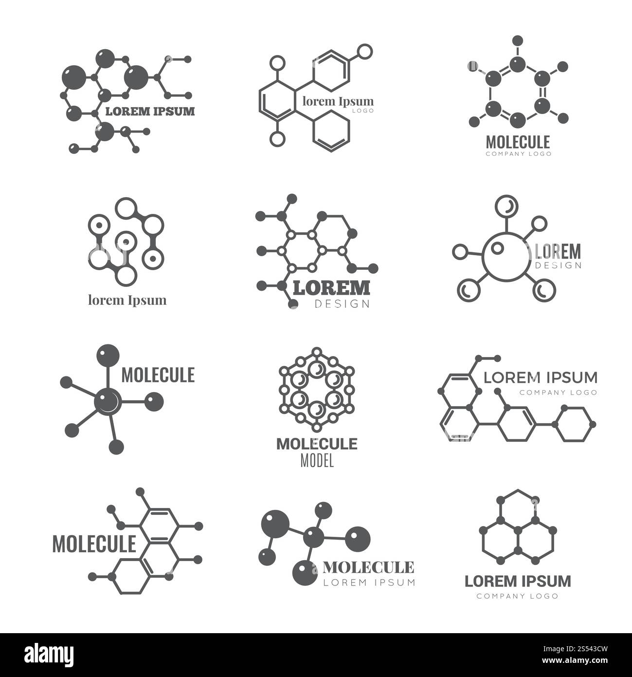 Molekulares Logo. Chemie dna Molekül wissenschaftliche Struktur Atom Business Brand Vector Konzept. Abbildung der Molekularchemie, dna-Logo, Stockfoto