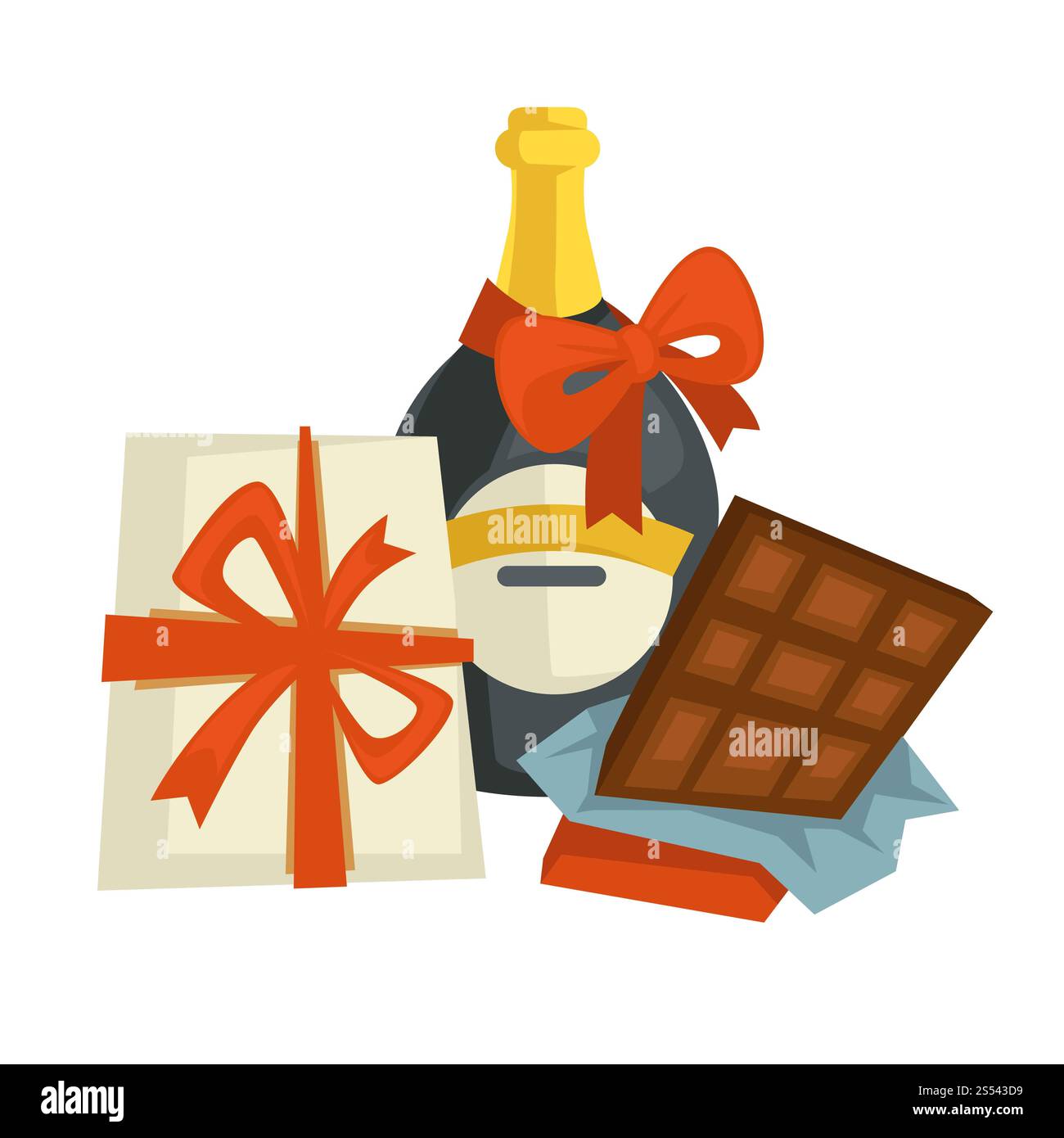 Weihnachtsfeier, Weihnachtsgeschenke Set mit Taschen Vektor. Pakete und Geschenke, Geschenkkartons mit Bändern, Weinflaschen, Champagner Stockfoto