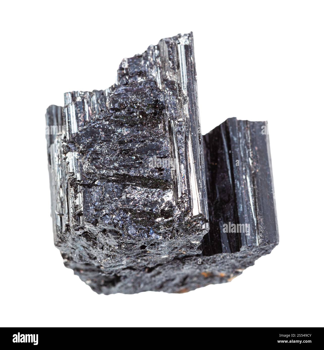 Nahaufnahme der Probe des natürlichen Minerals aus der geologischen Sammlung - unpolierter Schorl-Felsen (schwarzer Turmalin) isoliert auf weißem Hintergrund. Unpoliert Stockfoto