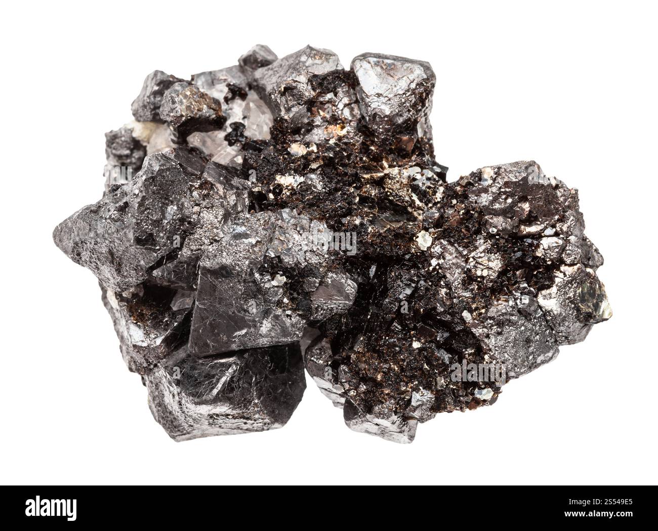 Nahaufnahme der Probe des natürlichen Minerals aus der geologischen Sammlung - roher kristalliner Magnetit (Lodestone, Eisenerz) Stein isoliert auf weißem Hintergrund. Stockfoto