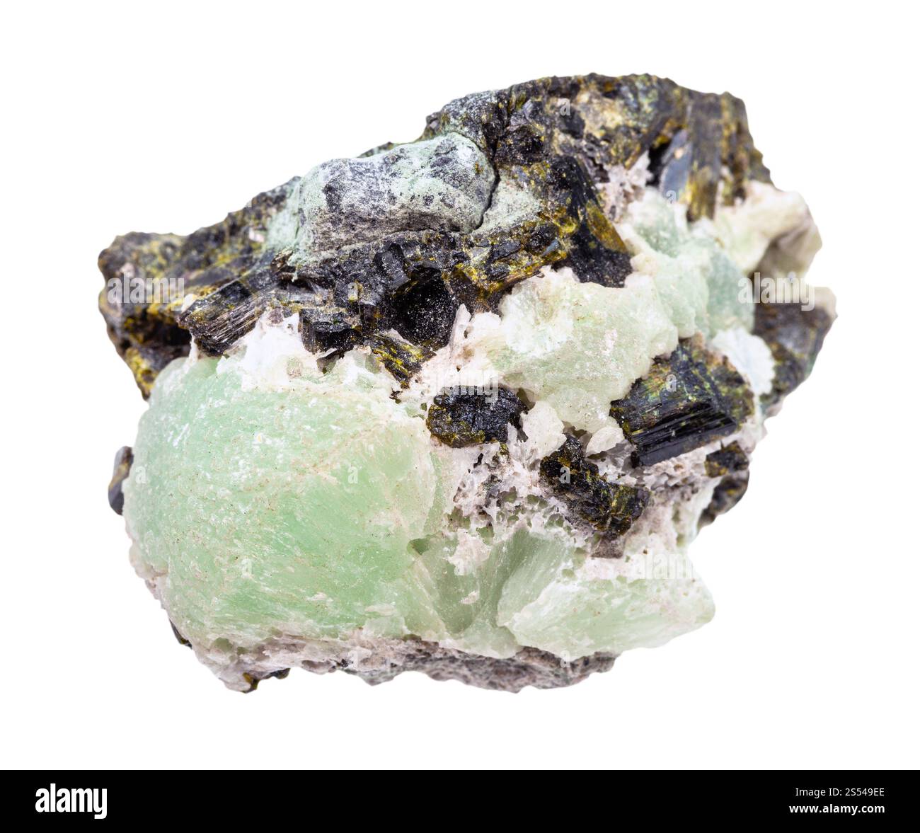Nahaufnahme einer Probe von natürlichem Mineral aus geologischer Sammlung - rauer Prehnite-Stein in Epidote-Kristallen isoliert auf weißem Hintergrund. Rau Stockfoto