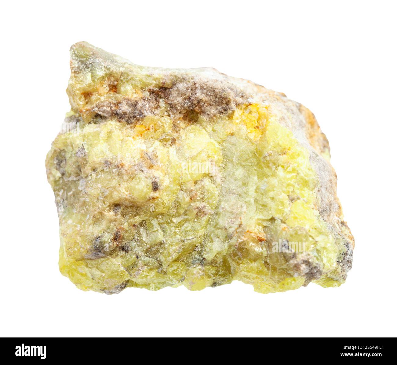 Nahaufnahme einer Probe von natürlichem Mineral aus geologischer Sammlung - rauer Schwefel (Schwefel) Gestein isoliert auf weißem Hintergrund. Grober Schwefel (Schwefel) Stockfoto