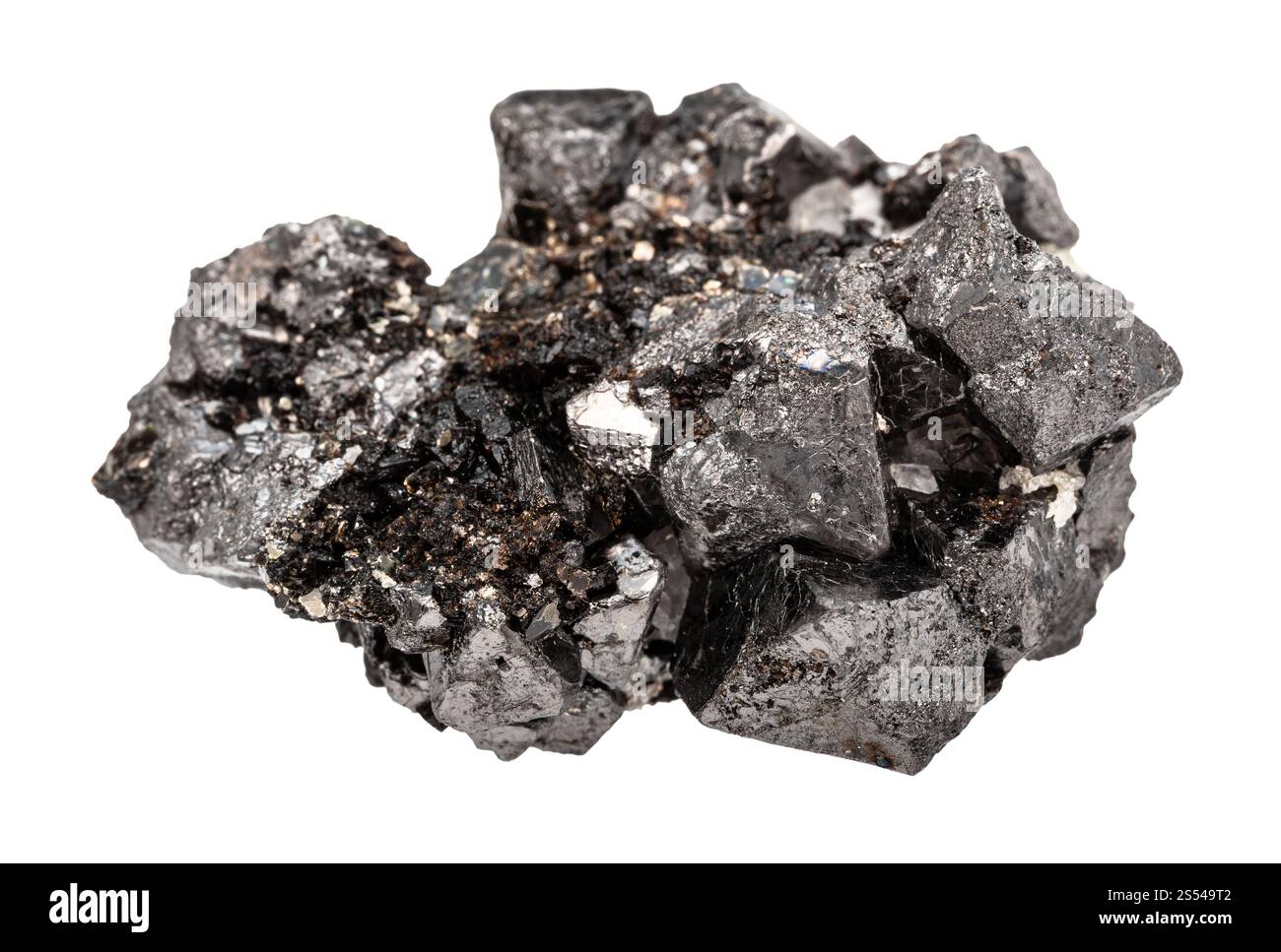 Nahaufnahme der Probe des natürlichen Minerals aus der geologischen Sammlung - roher kristalliner Magnetit (Lodestone, Eisenerz) Gestein isoliert auf weißem Hintergrund. Stockfoto