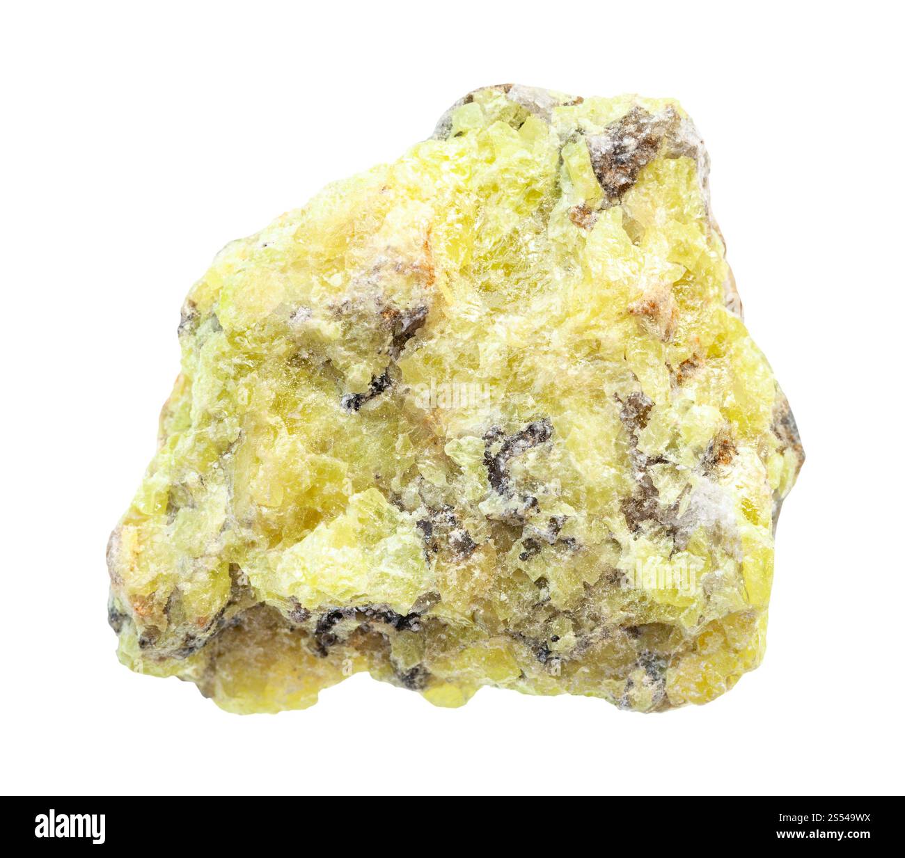 Nahaufnahme der Probe des natürlichen Minerals aus der geologischen Sammlung - Rohschwefelerz isoliert auf weißem Hintergrund. Rohschwefelerz Stockfoto