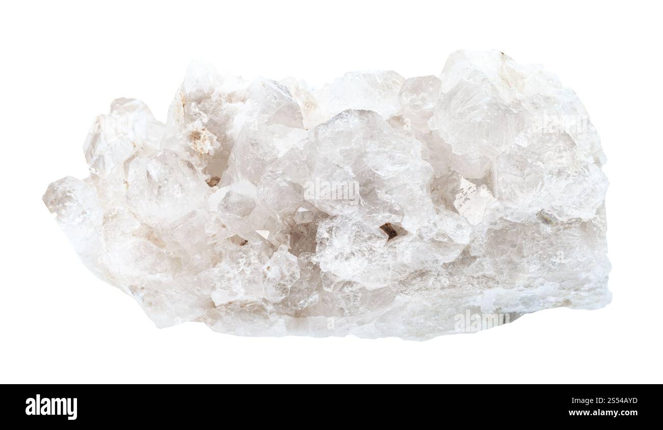 Nahaufnahme der Probe des natürlichen Minerals aus der geologischen Sammlung - farblose Felskristalle (Felskristalle) in Gestein isoliert auf weißem Hintergrund. Stockfoto