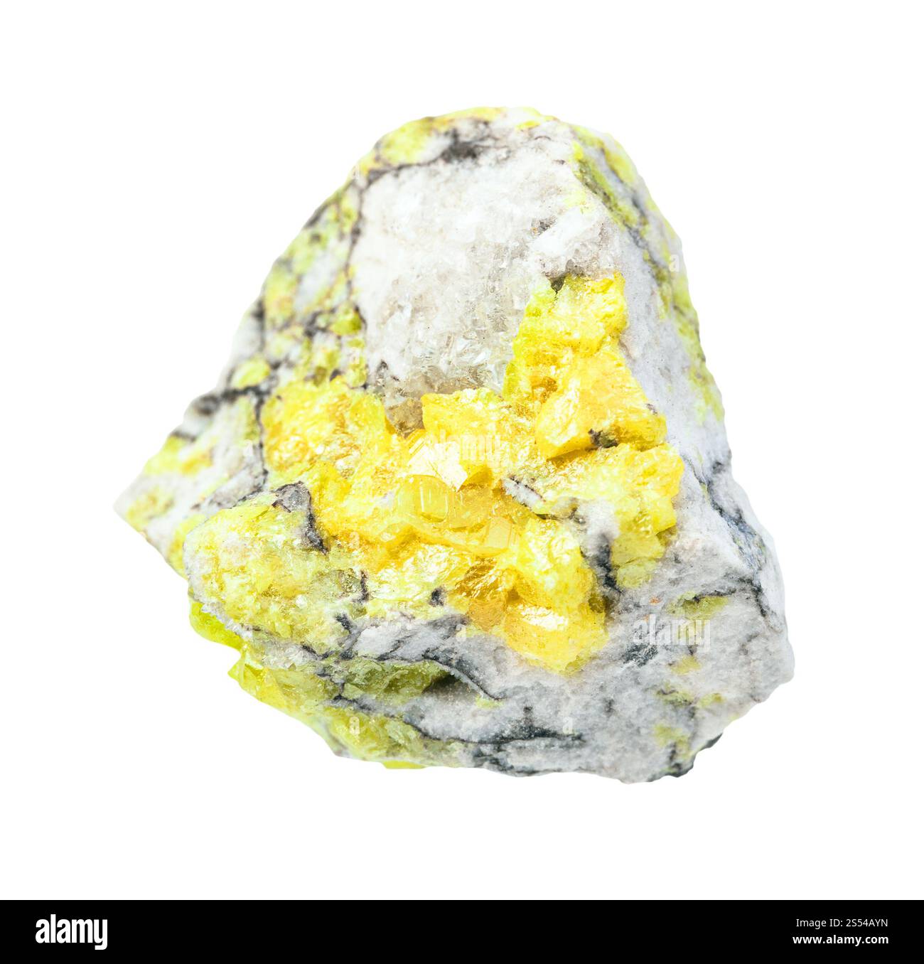 Nahaufnahme der Probe des natürlichen Minerals aus der geologischen Sammlung - Rohschwefelerz isoliert auf weißem Hintergrund. Grobes Schwefelerz Stockfoto