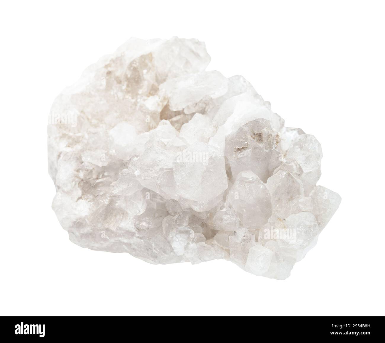 Nahaufnahme der Probe des natürlichen Minerals aus der geologischen Sammlung - Matrix der farblosen Felskristalle (Felskristall) isoliert auf weißem Hintergrund. Stockfoto