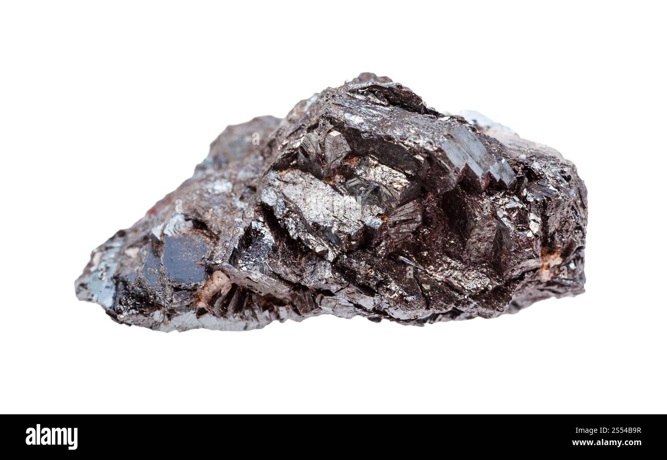Nahaufnahme der Probe des natürlichen Minerals aus der geologischen Sammlung - roher kristallin Hämatit (Eisenerz) Gestein isoliert auf weißem Hintergrund. RAW Stockfoto