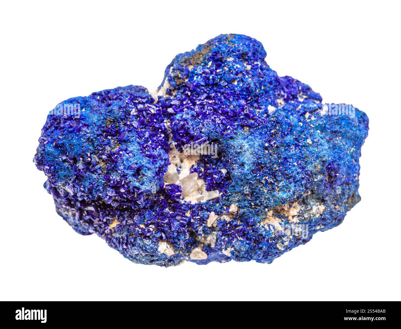 Nahaufnahme der Probe des natürlichen Minerals aus der geologischen Sammlung - raues Azurit (Chessylith) Gestein isoliert auf weißem Hintergrund. Rauer Azurit Stockfoto