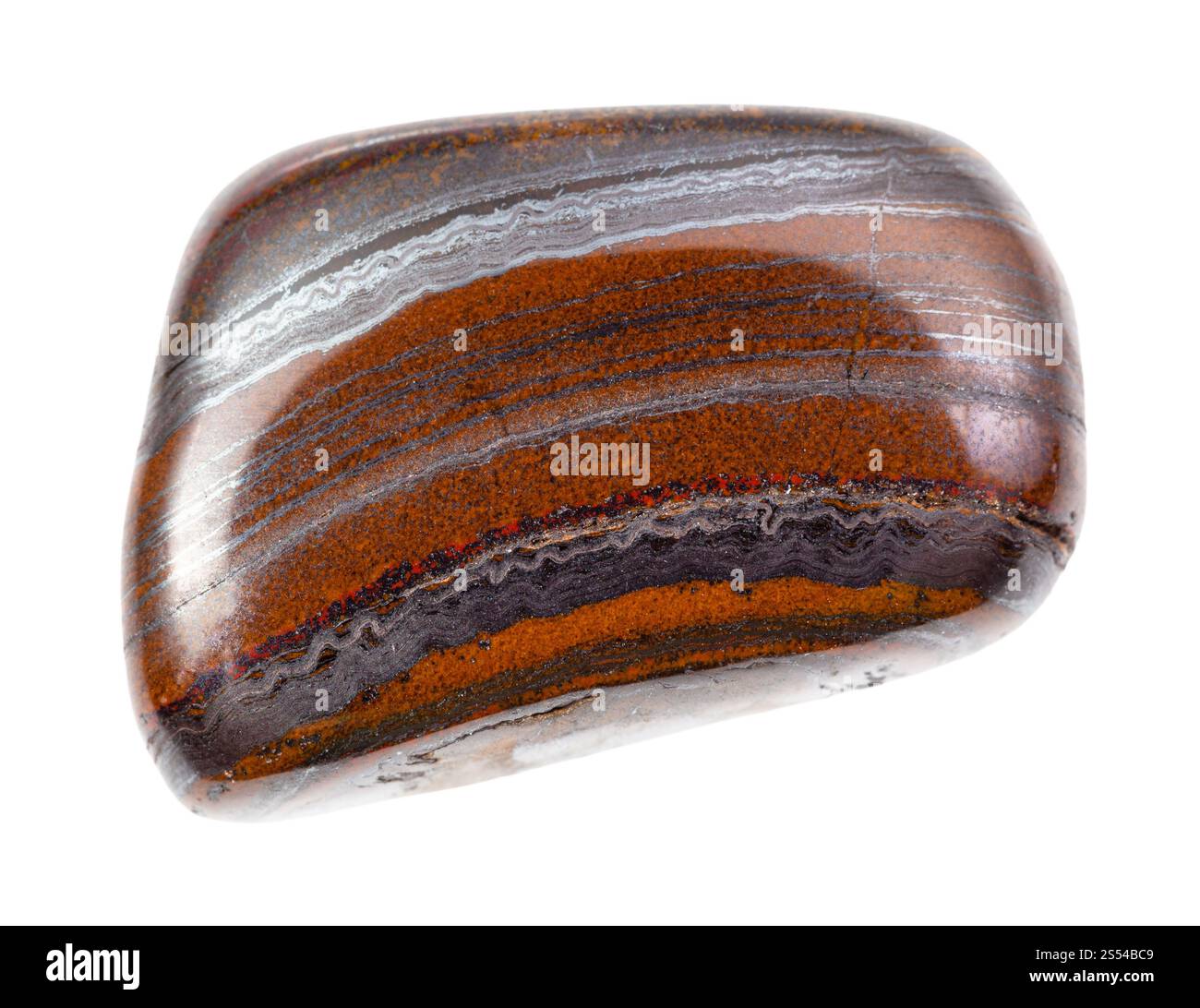 Nahaufnahme der Probe des natürlichen Minerals aus der geologischen Sammlung - poliertes Jaspillitgestein isoliert auf weißem Hintergrund. Polierter Jaspillith-Stein Stockfoto