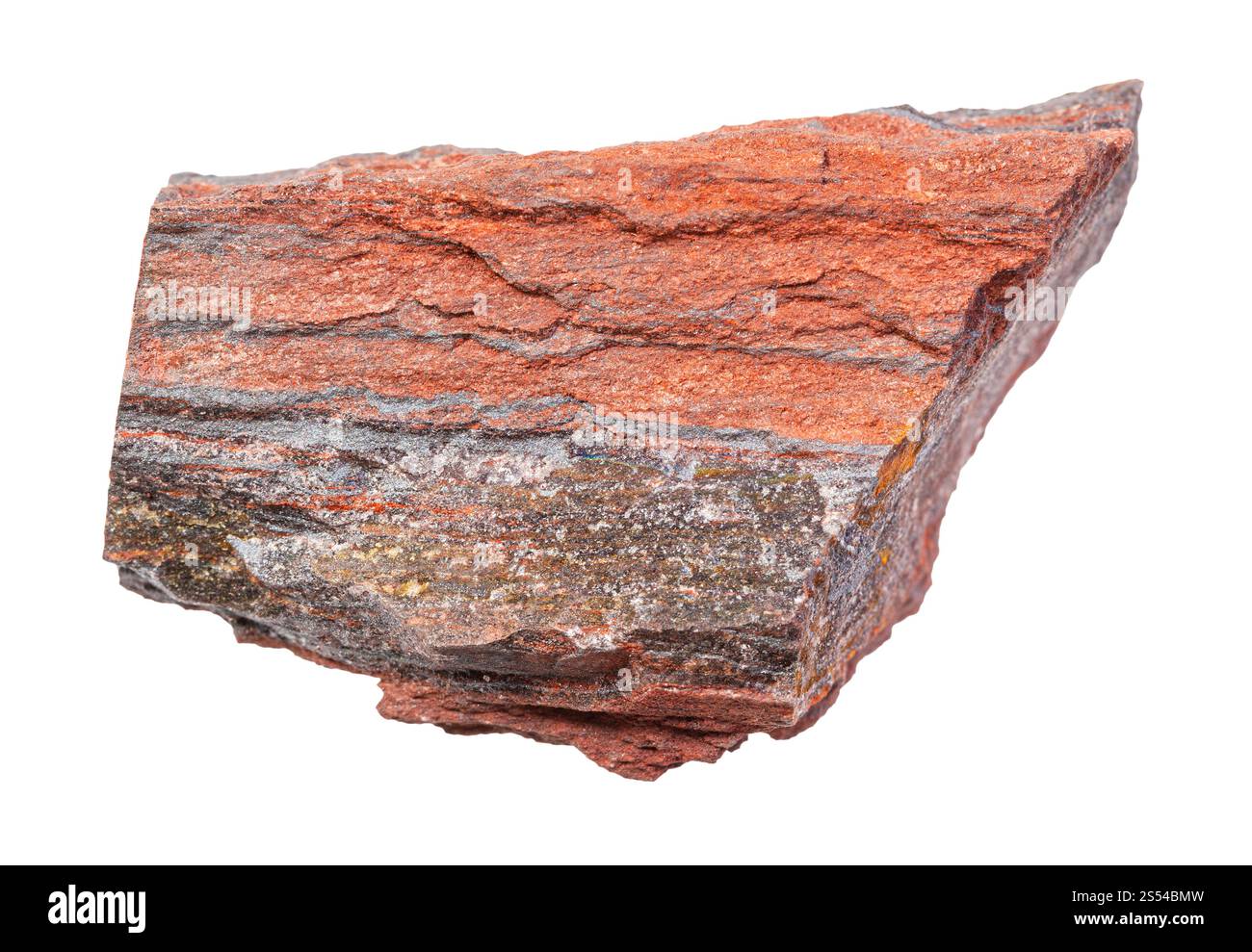 Nahaufnahme der Probe des natürlichen Minerals aus der geologischen Sammlung - unpoliertes Jaspillith (ferruginöser Quarzit) Gestein isoliert auf weißem Hintergrund. Stockfoto