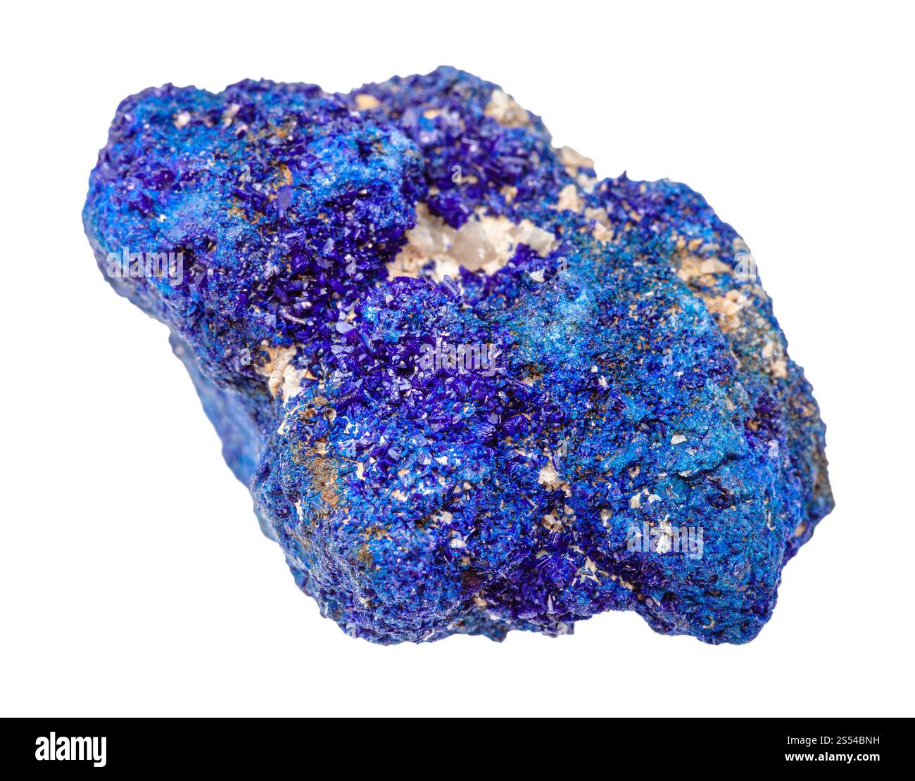 Nahaufnahme der Probe des natürlichen Minerals aus der geologischen Sammlung - roher Azurit (Chessylit) Gestein isoliert auf weißem Hintergrund. Roher Azurit Stockfoto