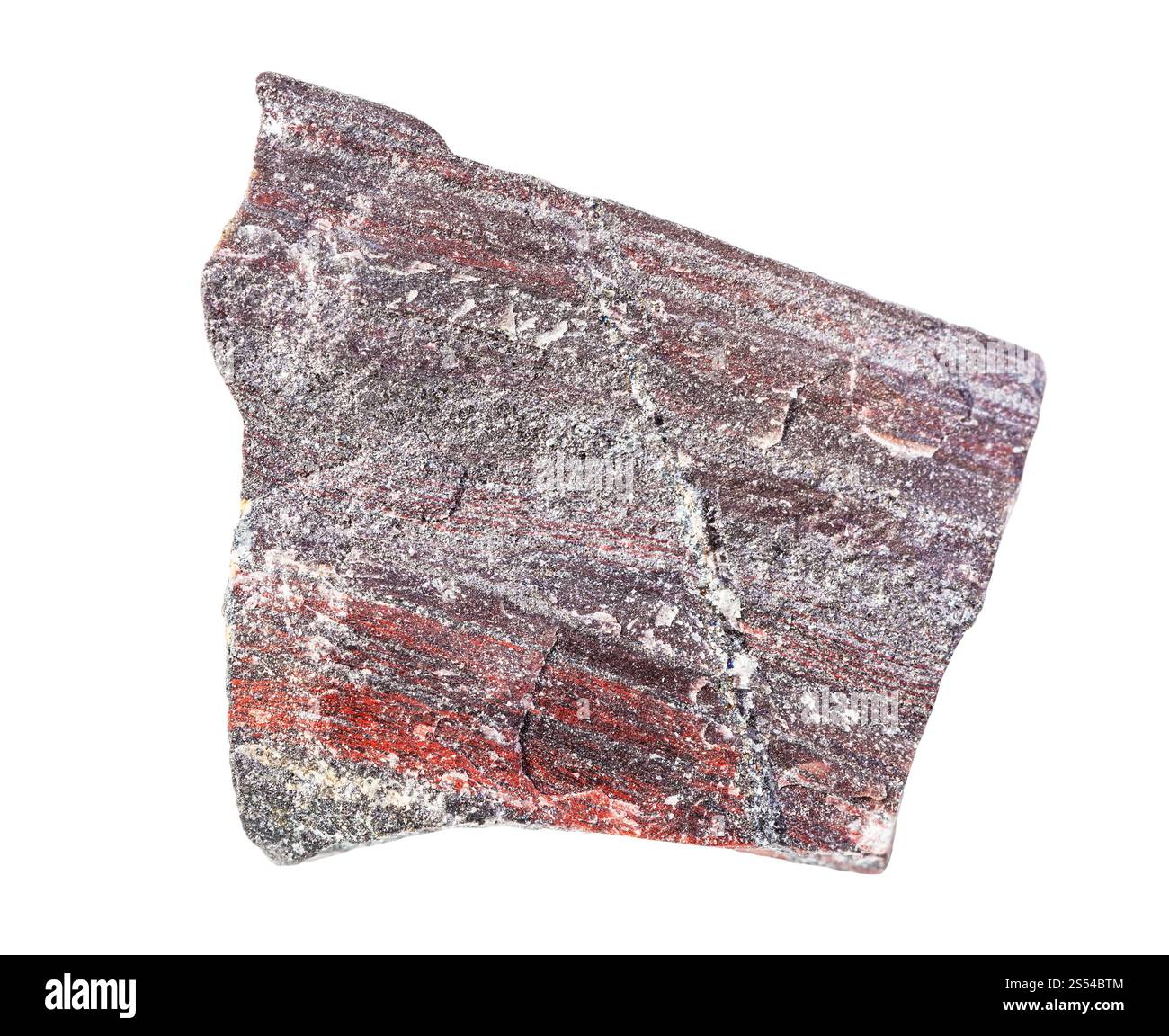 Nahaufnahme einer Probe von natürlichem Mineral aus geologischer Sammlung - raues Jaspilitgestein isoliert auf weißem Hintergrund. Raues Jaspilitgestein isoliert auf Stockfoto
