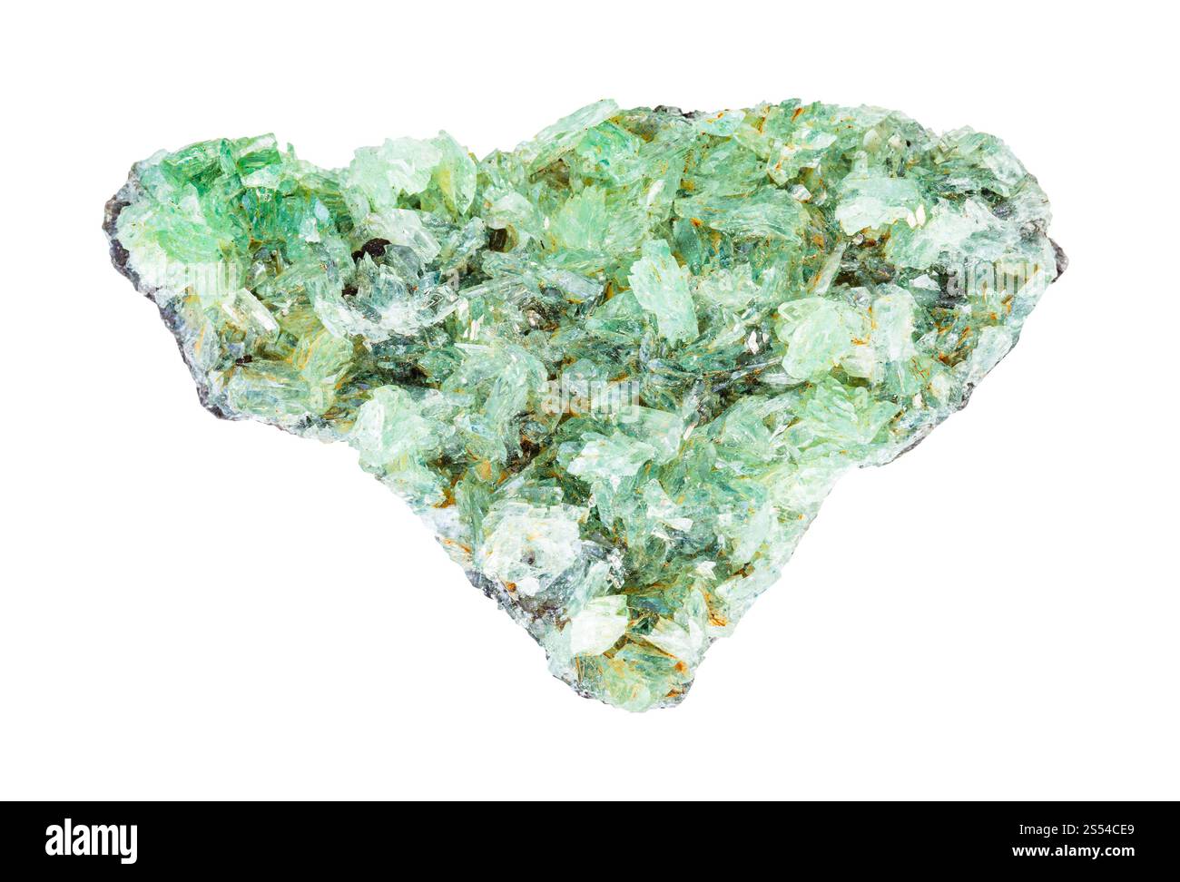 Nahaufnahme der Probe von natürlichem Mineral aus geologischer Sammlung - Druse von Anapait (Tamanit) Kristallen auf Gestein isoliert auf weißem Hintergrund. druse Stockfoto