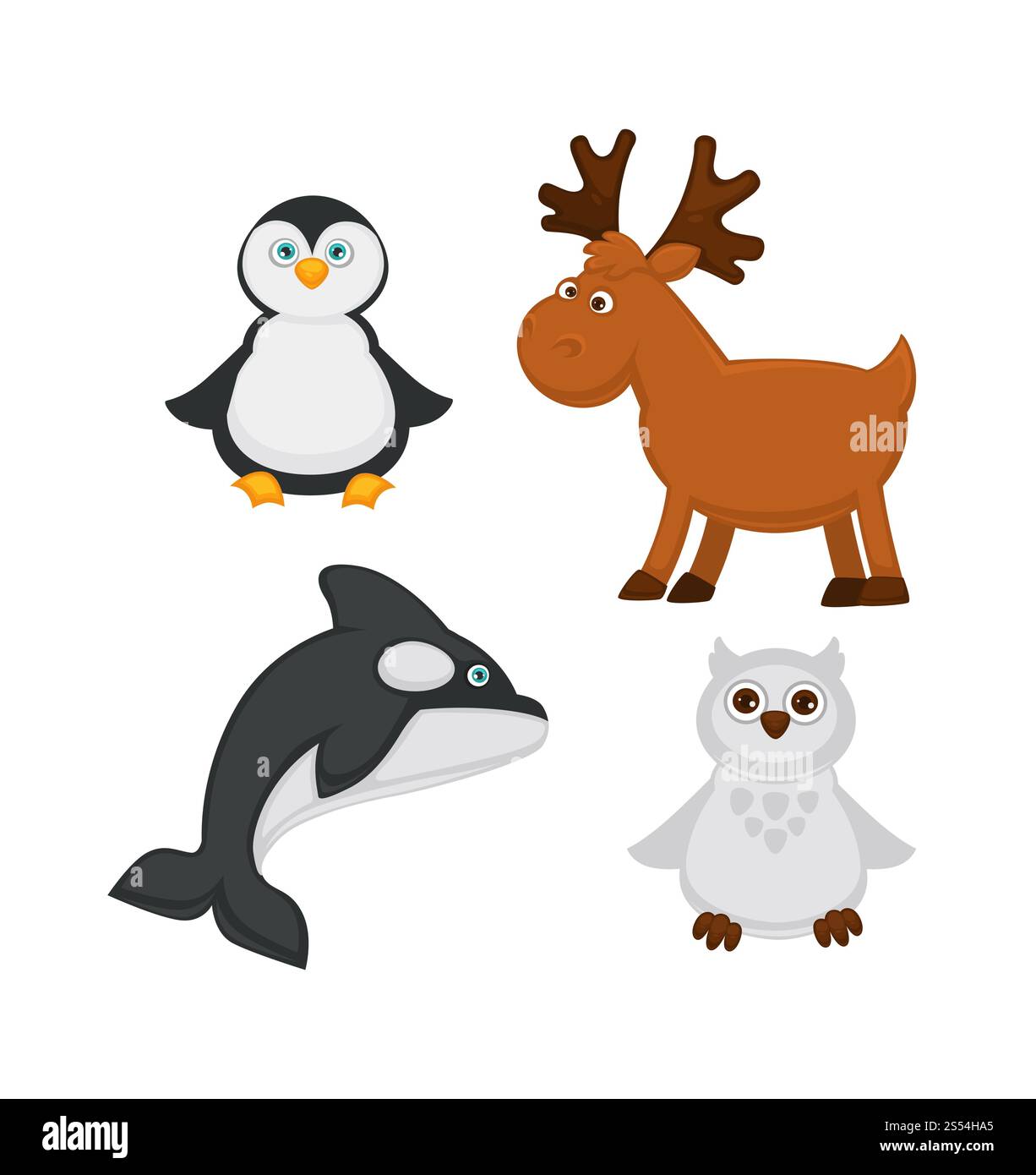 Polartiere und Karikaturfiguren der arktischen Fische. Vektor lustige polare weiße Eulen, Rentiere oder Orcas Killerwal und Pinguine isolierte Ikonen für Zoo Kinder Design. Polartiere und Fisch-Cartoon-Vektor-Ikonen von Pinguinen, Rentieren, Walen und Eulen Stock Vektor