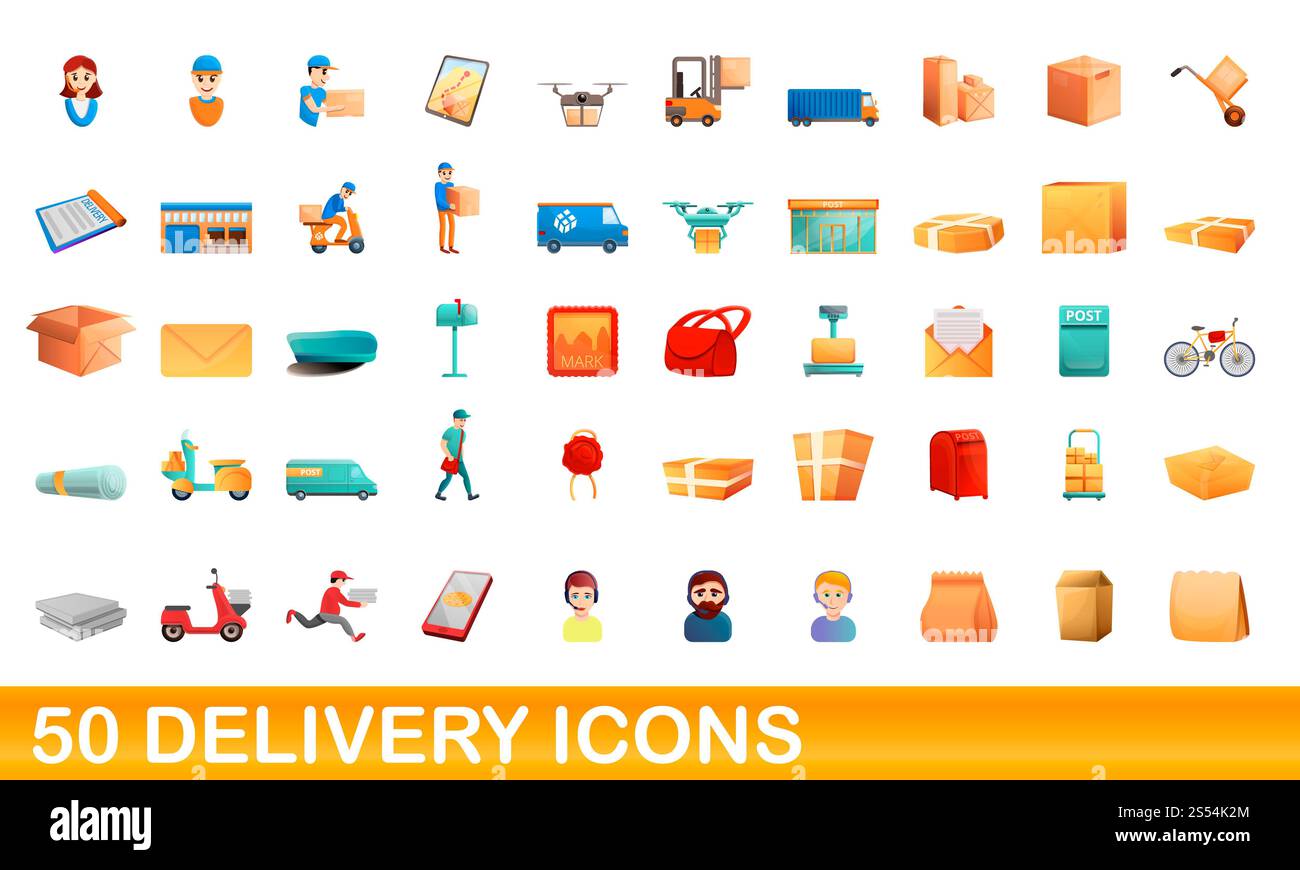 50 Liefersymbole eingestellt. Cartoon-Illustration von 50 Delivery Icons Vektor auf weißem Hintergrund isoliert. 50 Lieferung Symbole Set, Zeichentrickstil Stockfoto