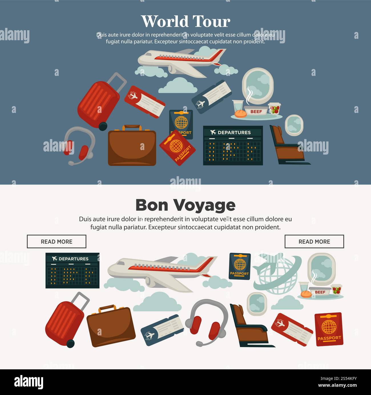 World Tour und Bonvoyage Werbeplakate im Internet mit riesiger Fluggesellschaft, Reisegepäck, internationalen Pässen, Abflugzeiten, modernen Kopfhörern und weichen Sitzen Vektorillustrationen. Welttournee und Bonvoyage Werbeplakate im Internet Stock Vektor